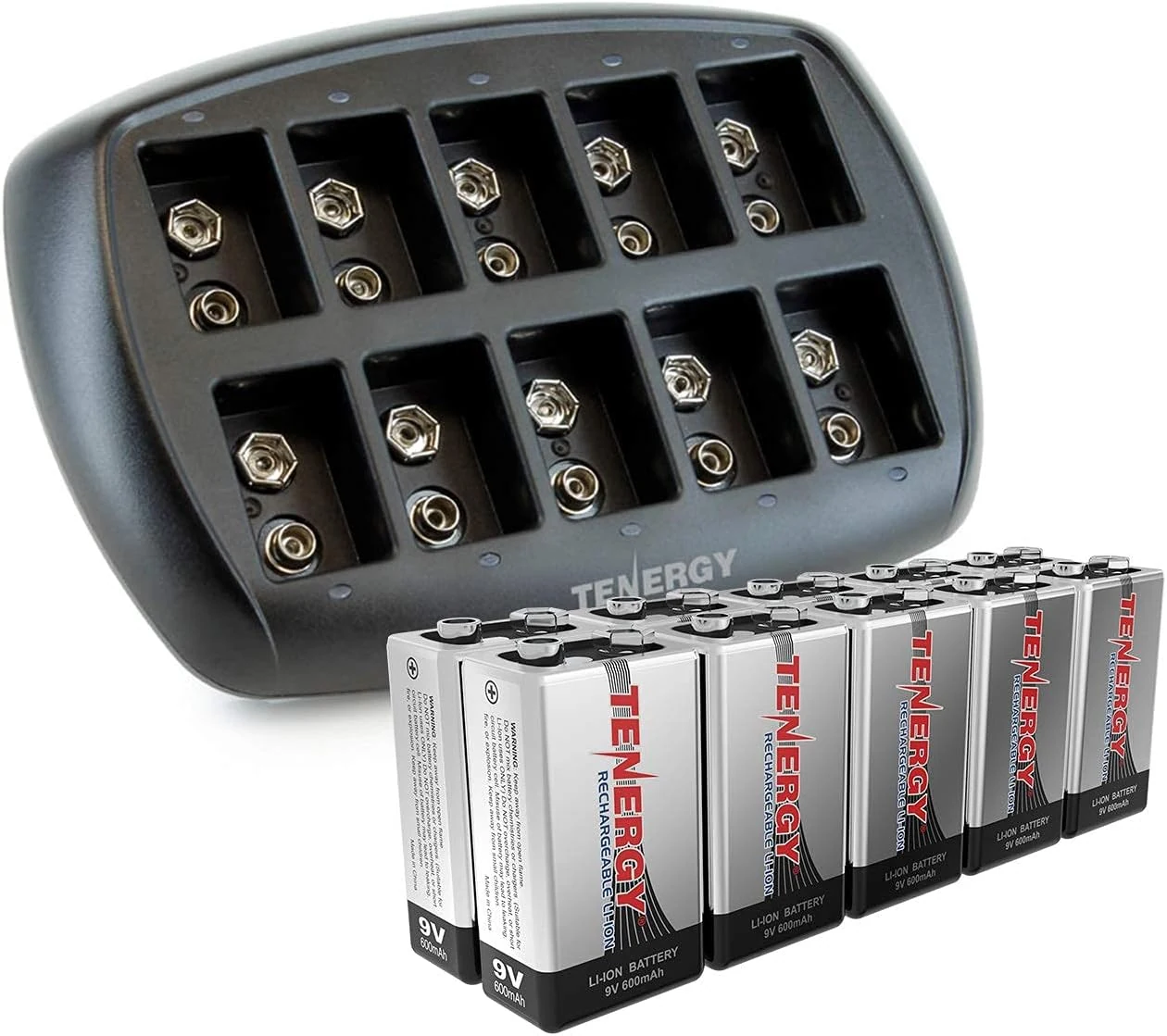 Tenergy 9V Batteries 600mAh 10PCS Li-ion 9 Volt Rechargeable Batteries with 10-Slot Li-ion 9V Battery Charger