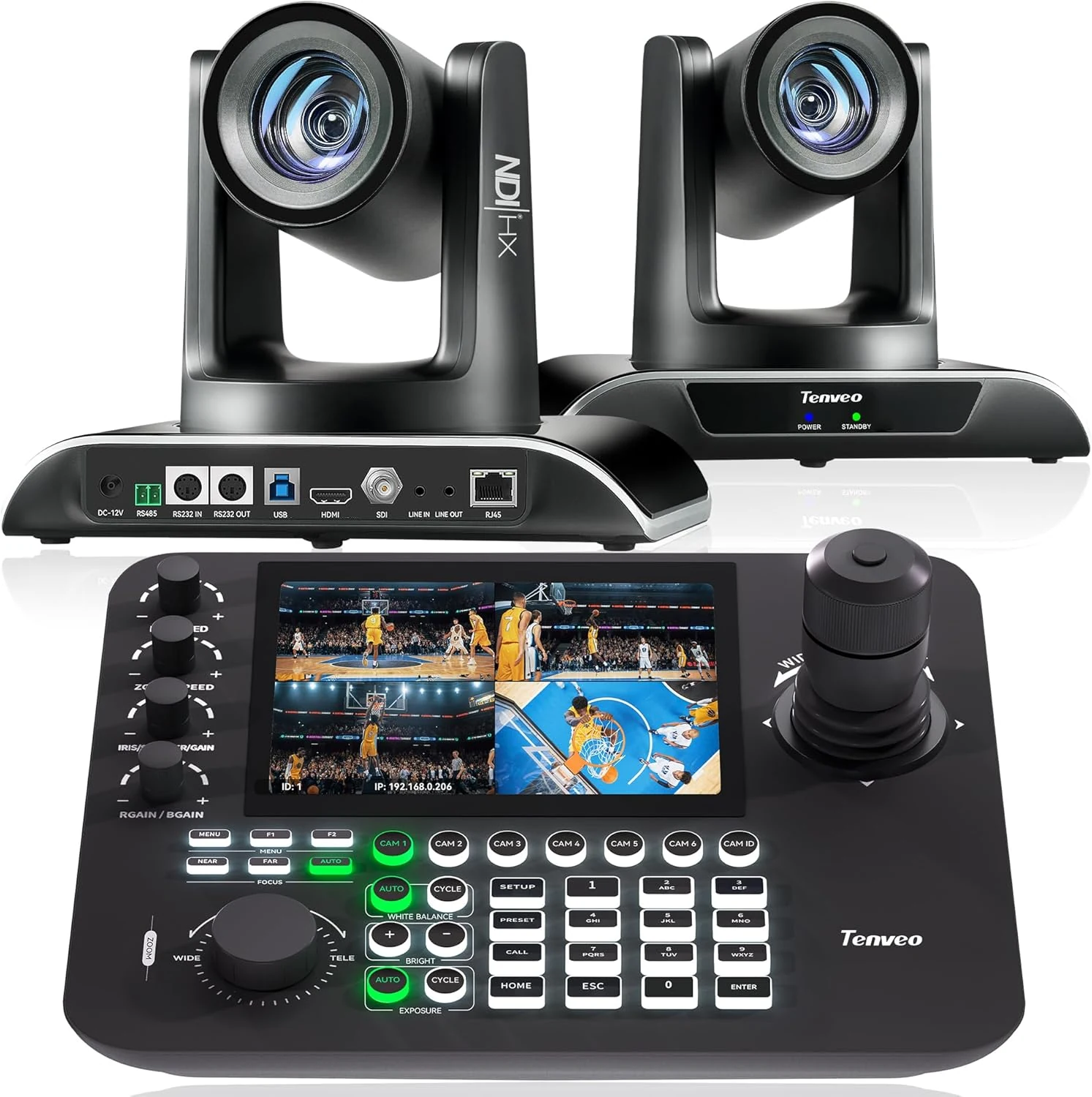 Tenveo NDI PTZ Camera AI Auto Tracking SDI/HDMI/USB3.0/LAN(PoE) 30X Optical+8X with 7’’ Quad-Screen NDI Joystick Controller Bundle