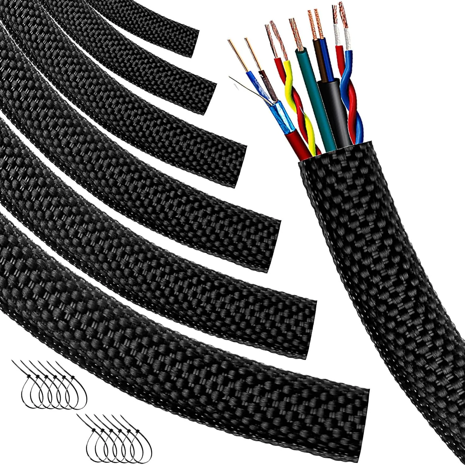 Automotive Wire Loom High Temperature Braided Wire Loom, Split-Sleeve Heat Resistant Wiring Loom Cord Cover for Harness Wires, Self-Wrapping Heavy Duty Sheathing Cable Management Black（20ft-1/4inch ）