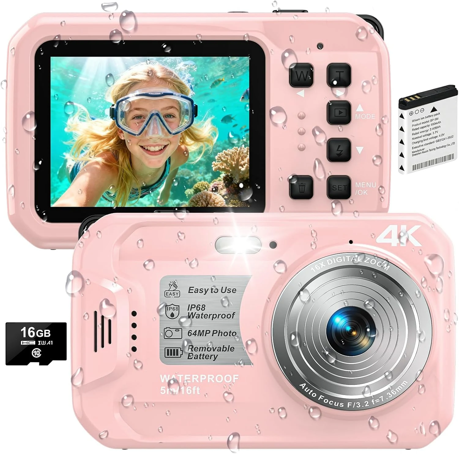 4K Underwater Camera, 64MP 16FT Waterproof Digital Camera with 16GB