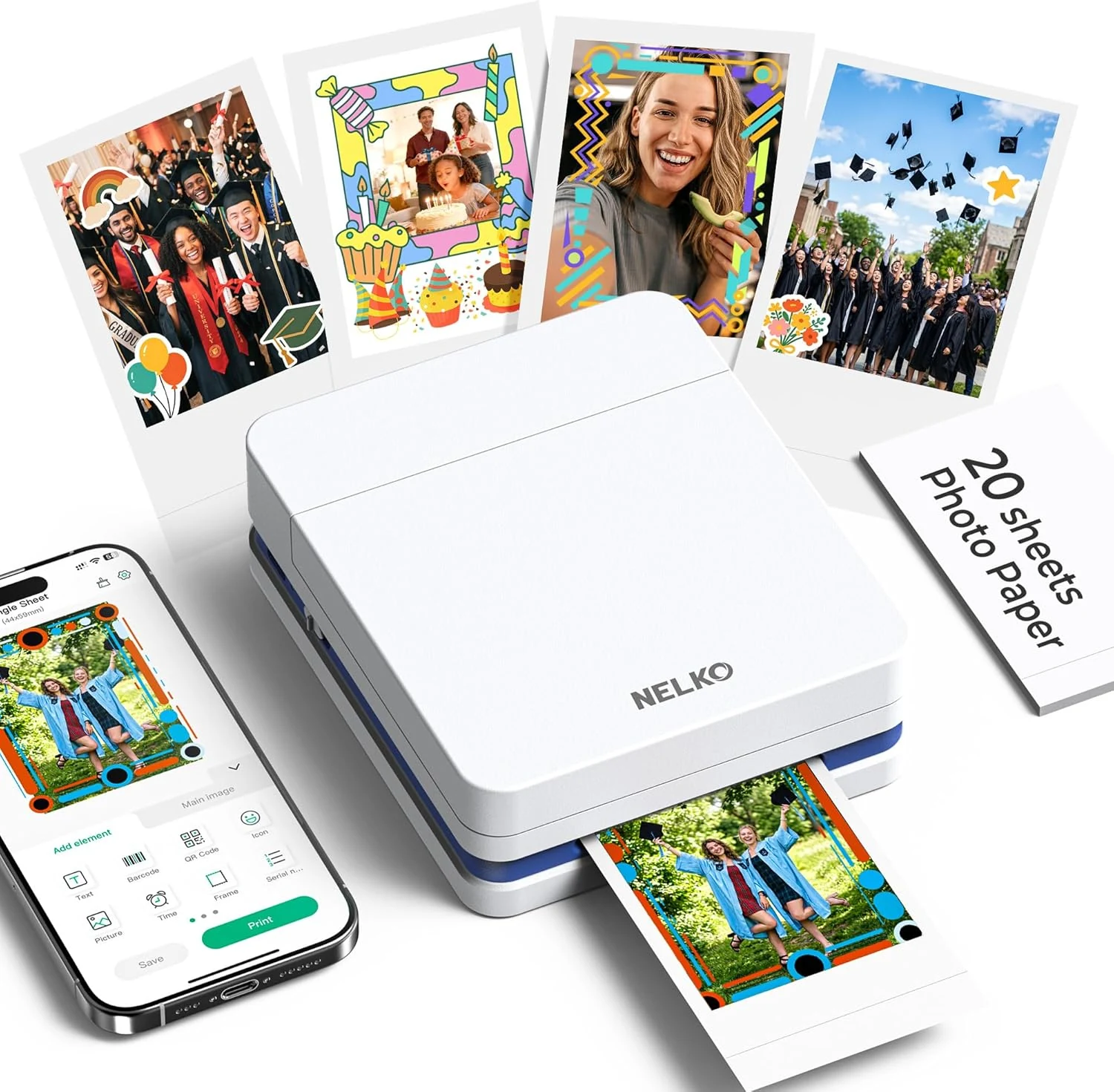 Nelko Photo Printer, 2x3 Portable Wireless Smartphone Printer, PP01 Mini Color Instant Inkjet Printer, Sticky-Back Photos, Bluetooth Compatible with iOS & Android, App Editing, White