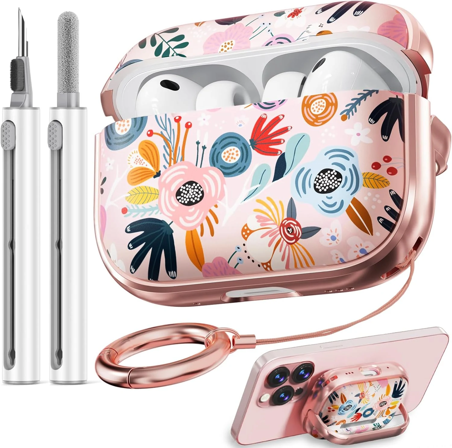 Inesore for AirPods Pro 3 Case 2025 with Lock, for Women Girly Floral Cute Case Compatible with Apple Airpods Pro 3rd Generation Cover, with Phone Stand,Keychain & Cleaner Kit -Pink Flower