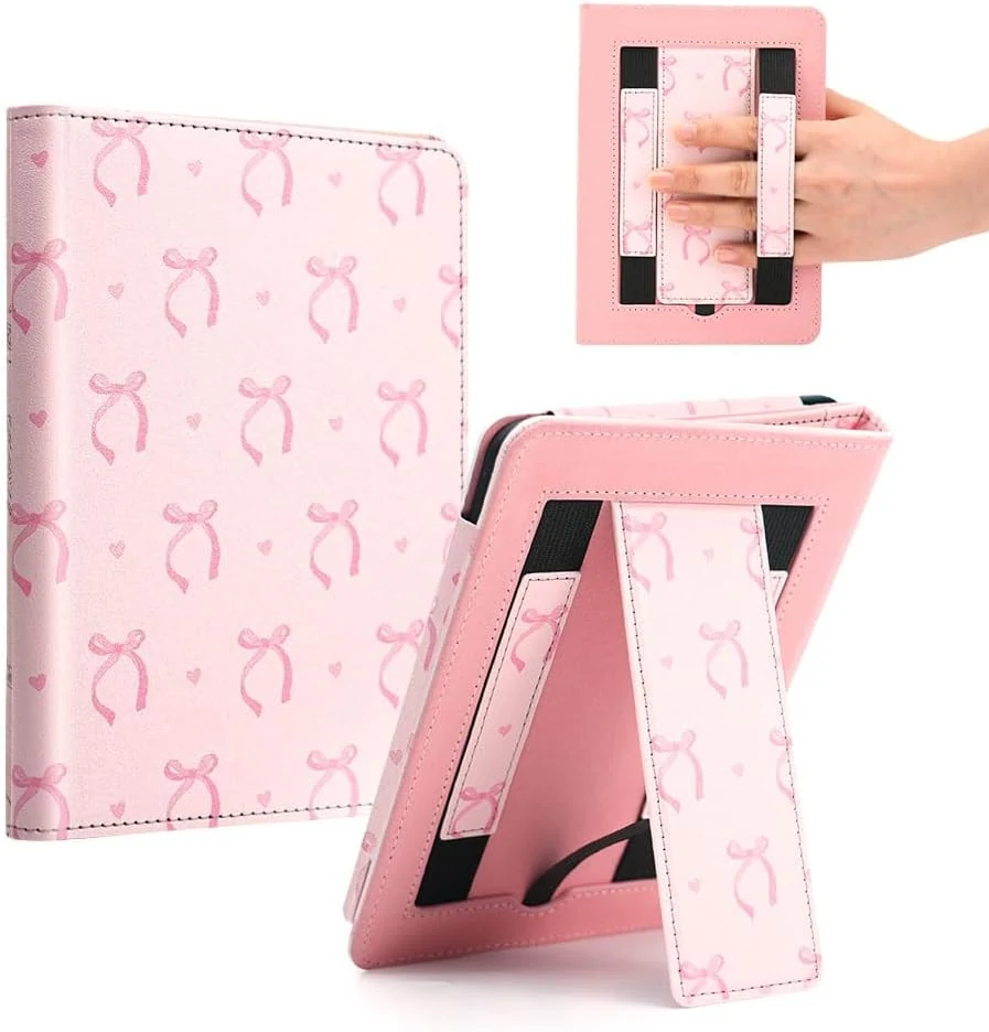 Pink Bow Case for 7"/ 6.8“ Kindle Paperwhite 12th/11th Generation, Hand Strap Stand Book Cover Sleeve for Kindle Colorsoft Signature Edition