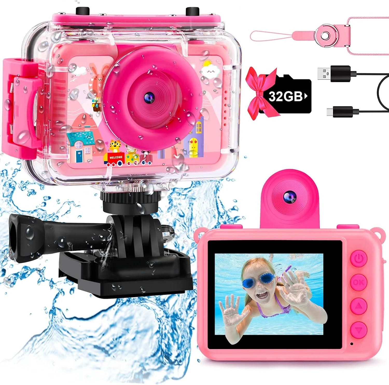 Pool Toy & Kids Underwater Camera - 99FT Waterproof Kid Action Camera 1080P Video & 20MP Photo with Flip Lens