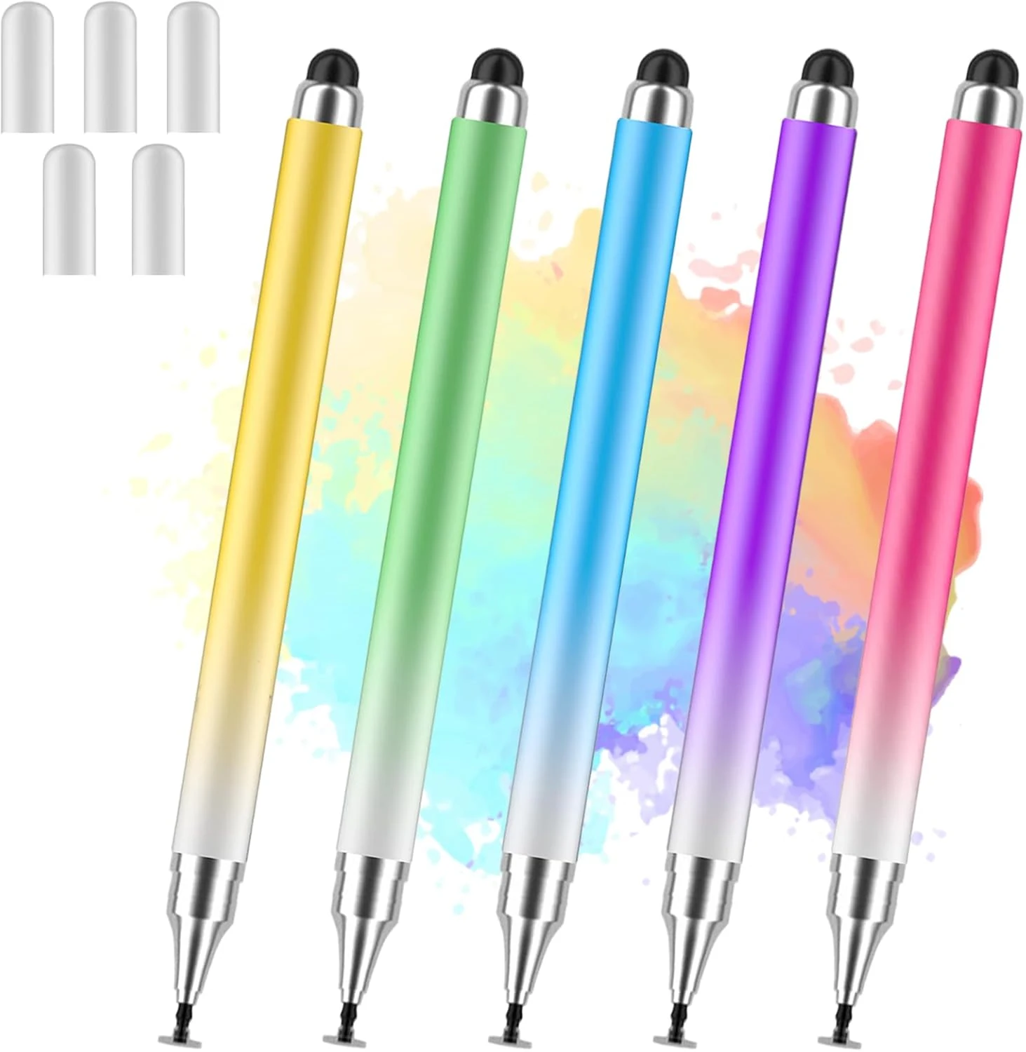 AmberVec 5-Pack Universal 2-in-1 Stylus Pens (Dual-Tip, iPad/iPhone, Android, Surface Compatible)