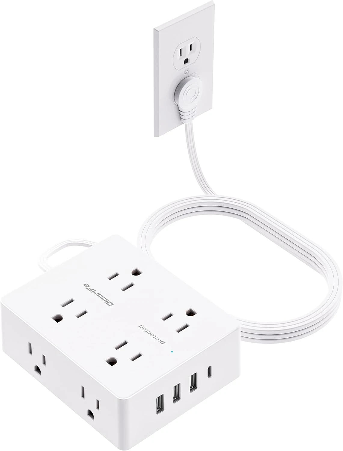 Olcorife Flat Plug Power Strip with 10 FT Extension Cord, 8 Outlets 4 USB Ports (1 USB C)
