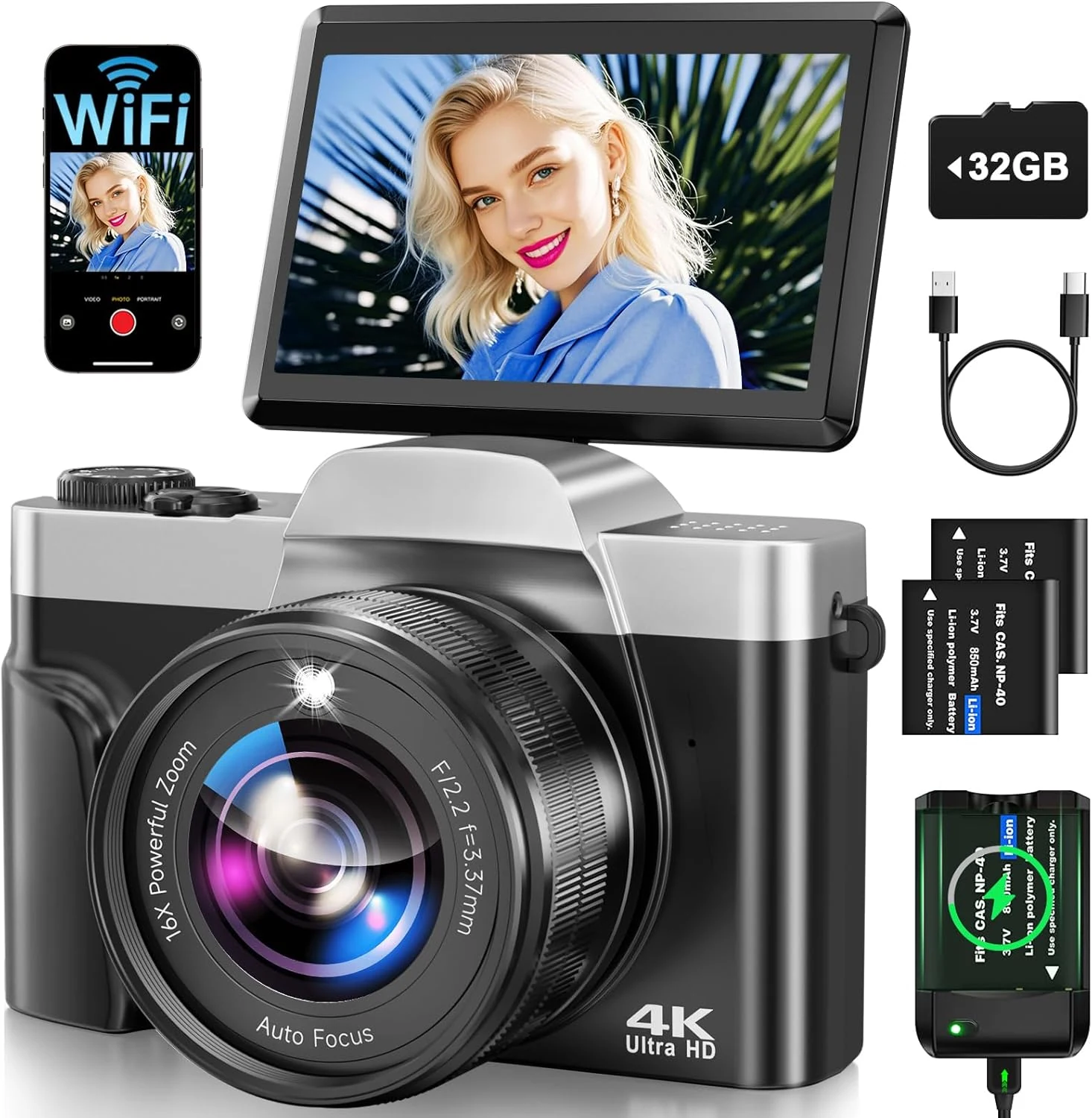 AUREAPIX 4K Digital Camera for Photography with WiFi 64MP Auto-Focus Vlogging Camera with 3'' 180° Flip Screen