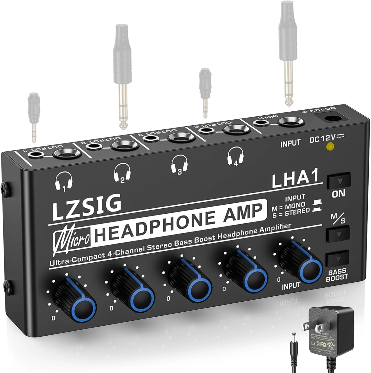 LZSIG Headphone Amplifier 4 Channel, Metal Stereo Audio Amplifier with Bass Boost, 1/4" & 1/8" Outputs