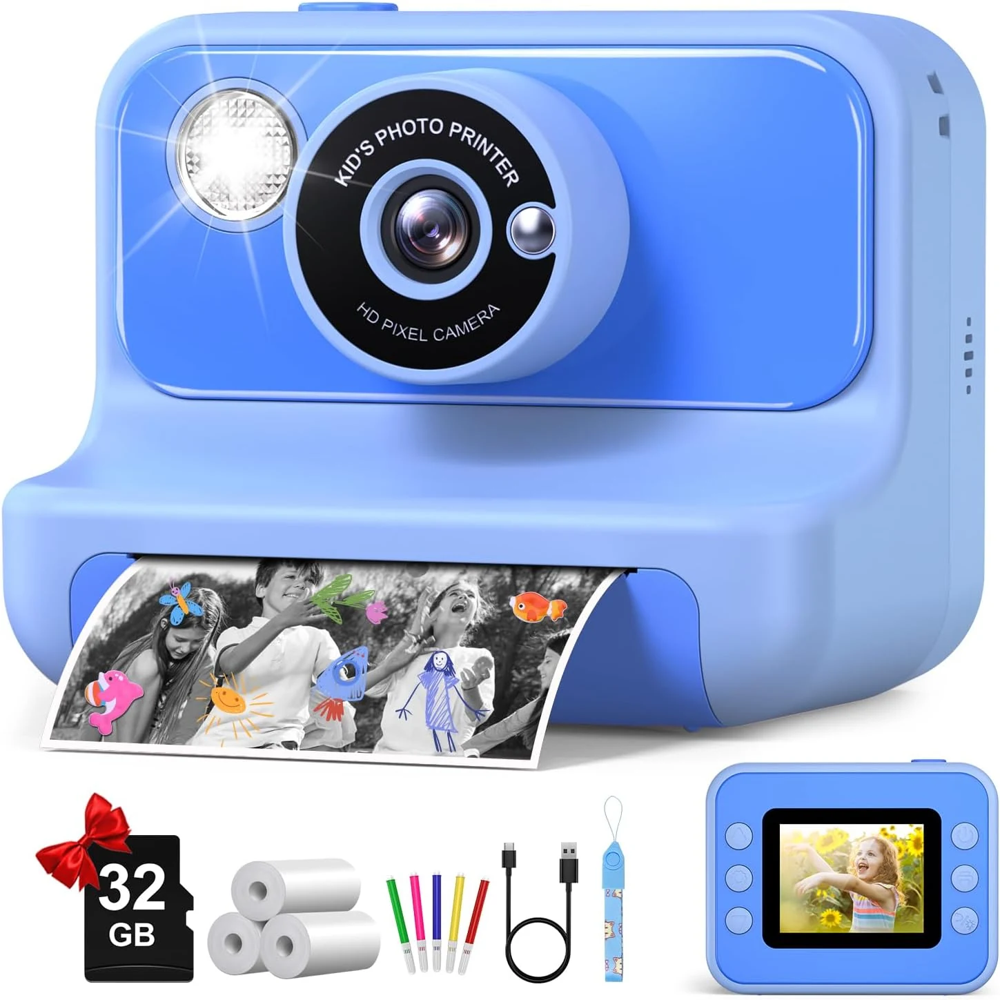 Gofunly Kids Camera Instant Print (Blue) with 32GB SD Card