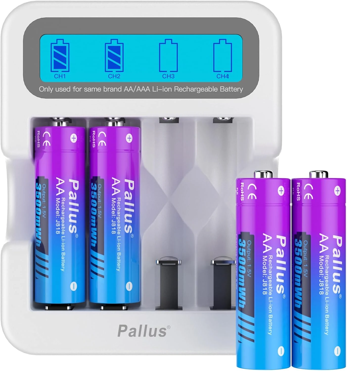 Pallus 1.5v Rechargeable Lithium AA Batteries, 4-Pack 3500mWh High Capacity