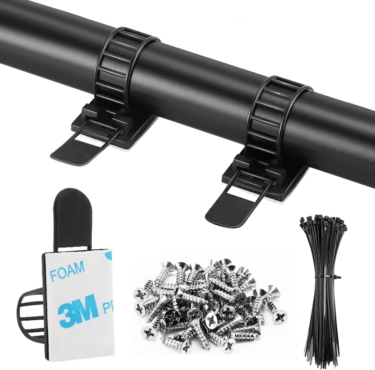 VAMRONE 50Pcs Adhesive Cable Management Clips with 50Pcs Zip Ties, Adjustable Nylon Cable Strap Ties Wire Clips Clamps Organizer with Strong Adhesive Tape, Extra Screw & Hole - 3.35 Inch Black