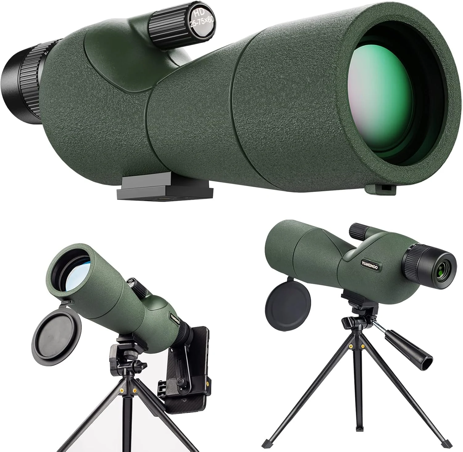 25-75x60 Spotting Scopes for Target Shooting with Tripod Carrying Bag Phone Adapter Straight Spotter Scope Monocular Telescope for Hunting Birdwatching Green