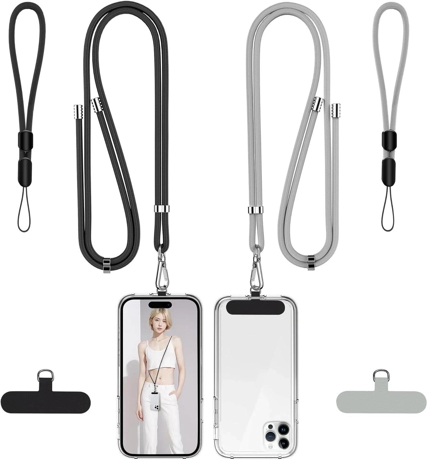 takyu Phone Lanyard, 2 Pack Adjustable Cell Phone Lanyard Crossbody Neck Strap & 2 Pack Phone Wrist Strap with 2 Pcs Tether Tabs (Black/Grey)