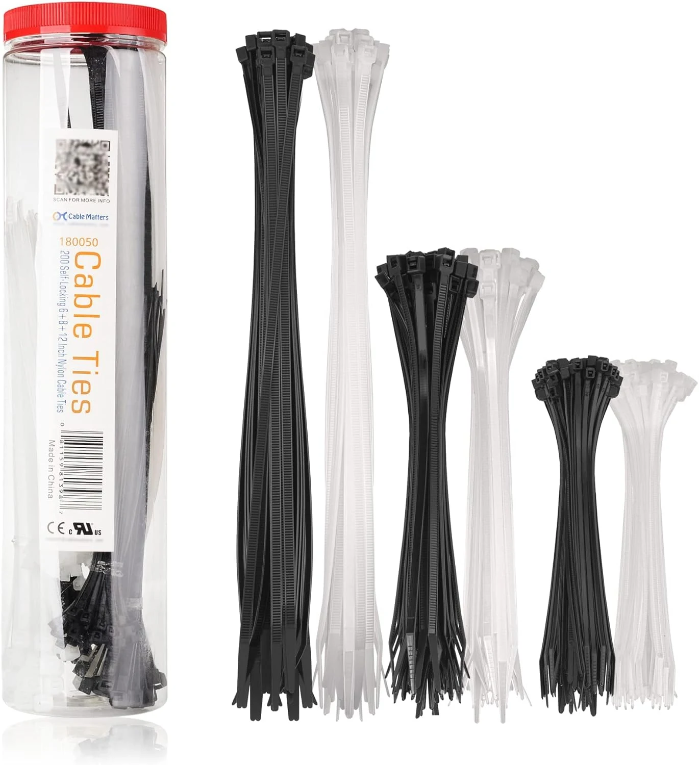 Cable Matters 200-Pack Cable Ties for Indoor and Outdoor, 6, 8, 12-Inch Self-Locking Nylon Zip Ties Assorted Sizes, Tie Wraps for Multiple Use, Self Locking Zipties, in Black and White