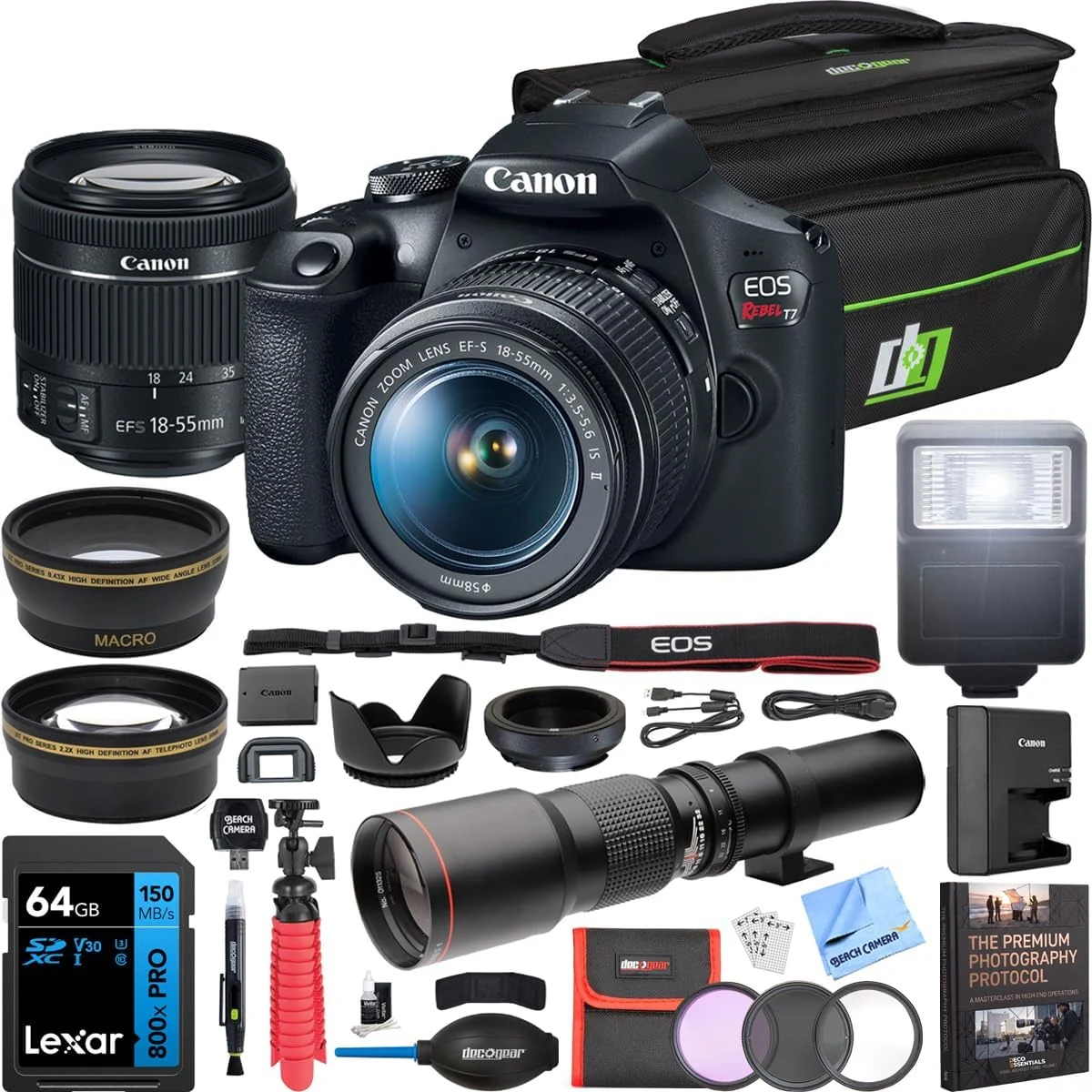 Canon EOS Rebel T7 Digital SLR Camera 18-55mm f/3.5-5.6 is II Kit Bundle with 500mm Preset Telephoto Lens