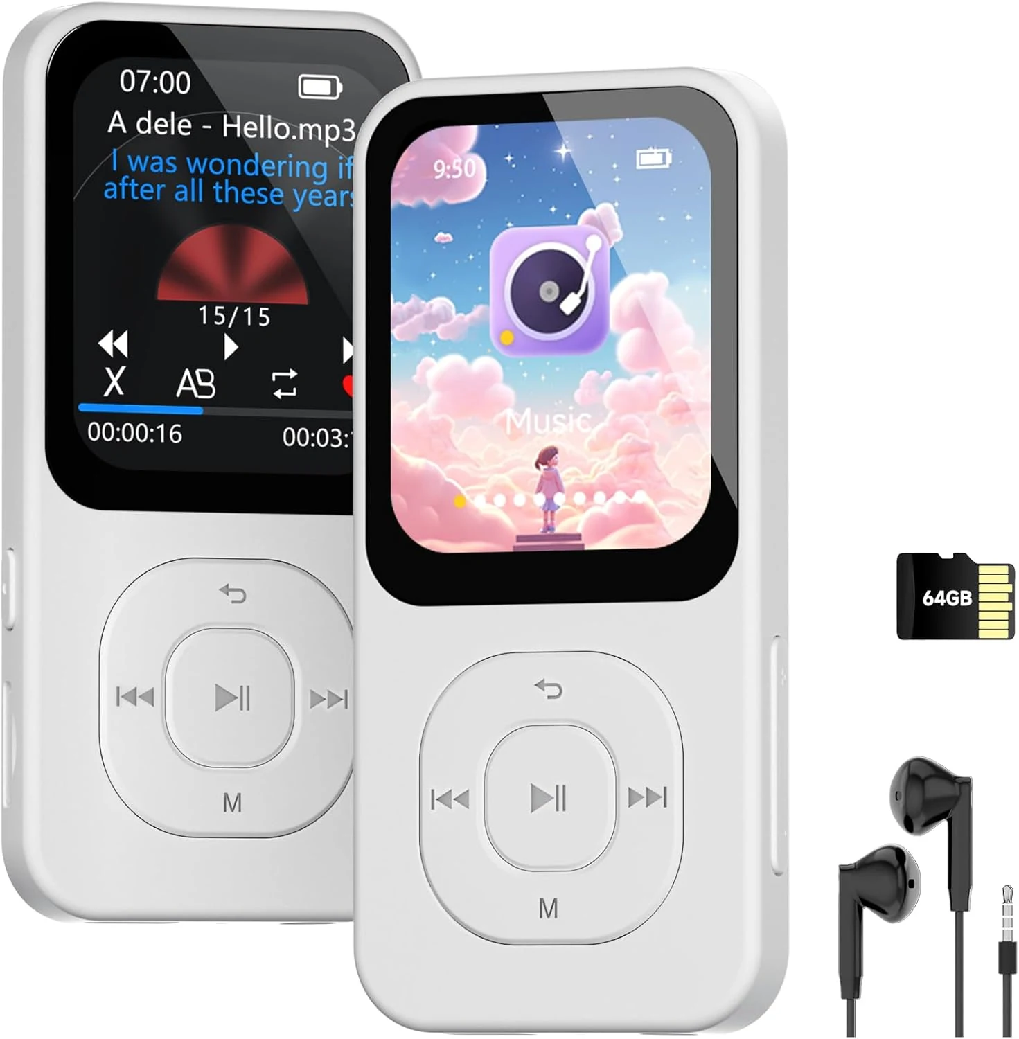 PECSU 64GB MP3 Player with Bluetooth 5.3, 30 Hrs Playtime, HD Screen Portable Music Player for Sports (White)