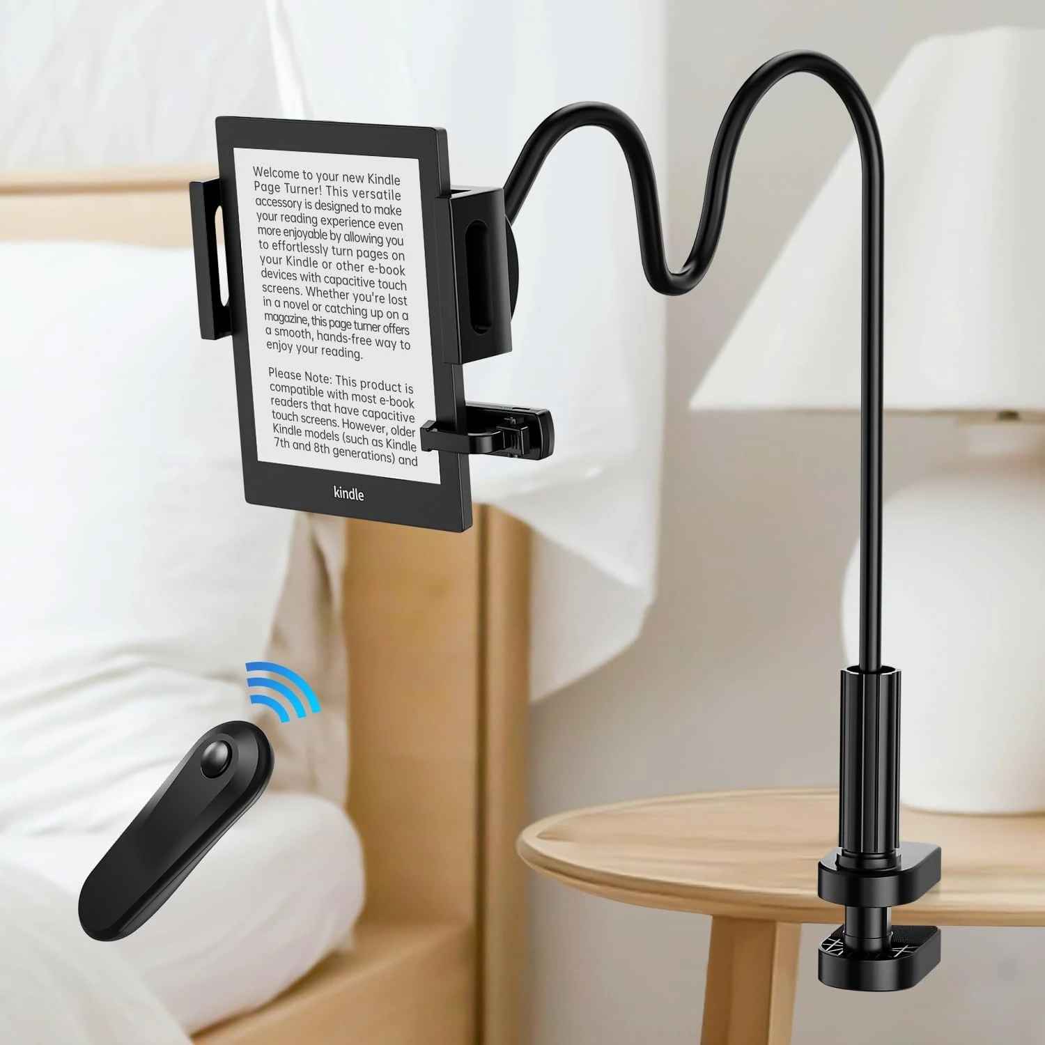 Kindle Holder with Remote Page Turner, Kindle Stand for Bed Reading