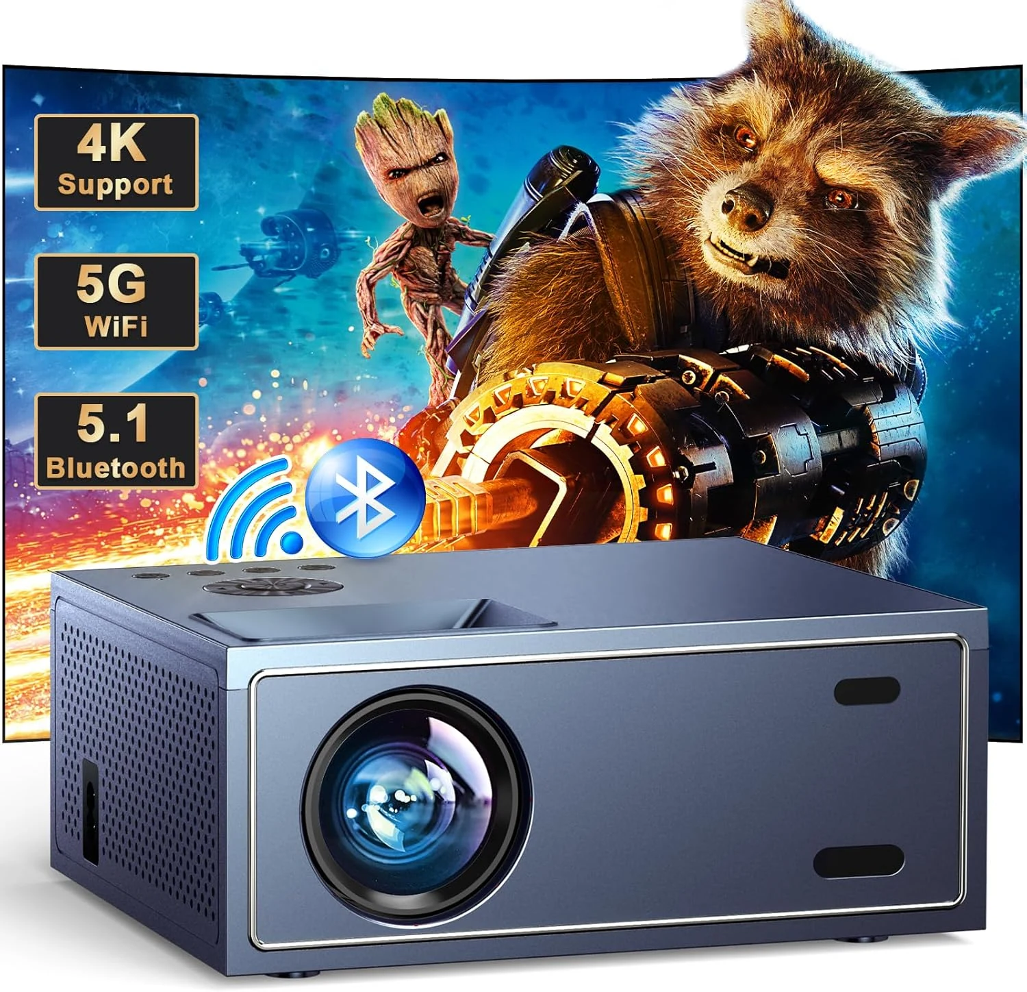 4K Support Projector with Wifi and Bluetooth, OWNKNEW Portable Mini Projectors (Grey)