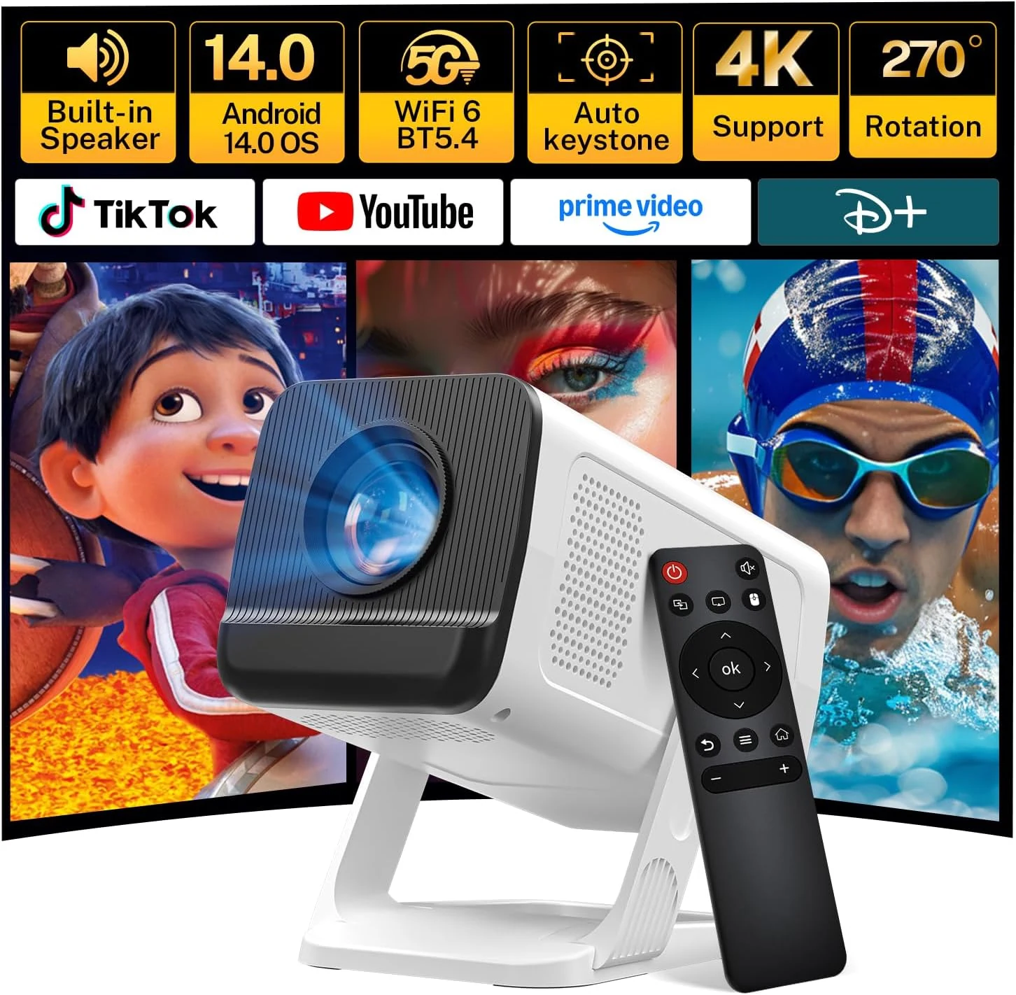 LYNCAST VisualCube 300 Mini Projector with WiFi 6 and Bluetooth 5.4 Built-in Apps