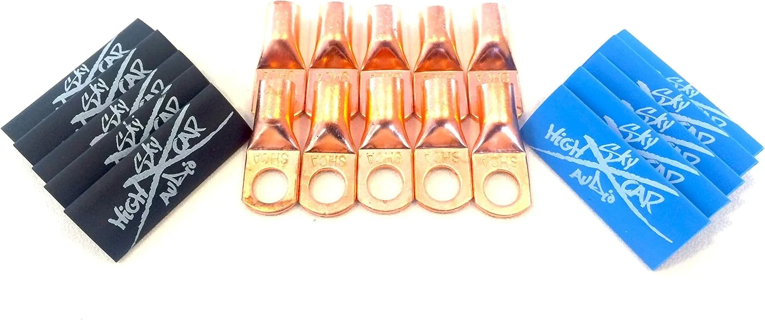 (10) 4 Gauge Copper Ring Terminals 3/8" Blue/Black Heat Shrink Tubing Lugs