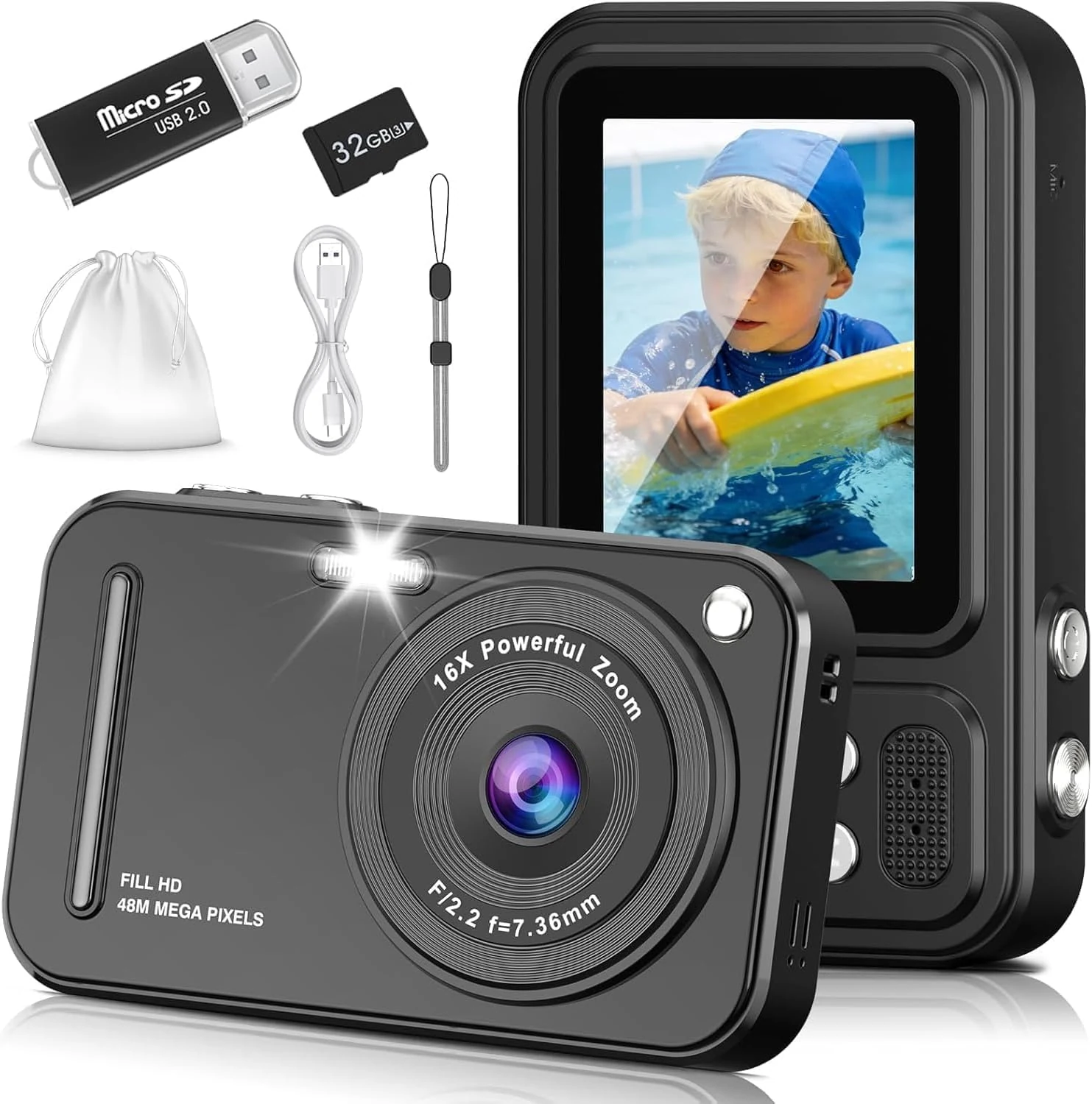 Digital Camera for Kids, 48MP FHD 1080P Point and Shoot Digital Cameras with 16X Zoom Anti-Shake (DX5) - Black