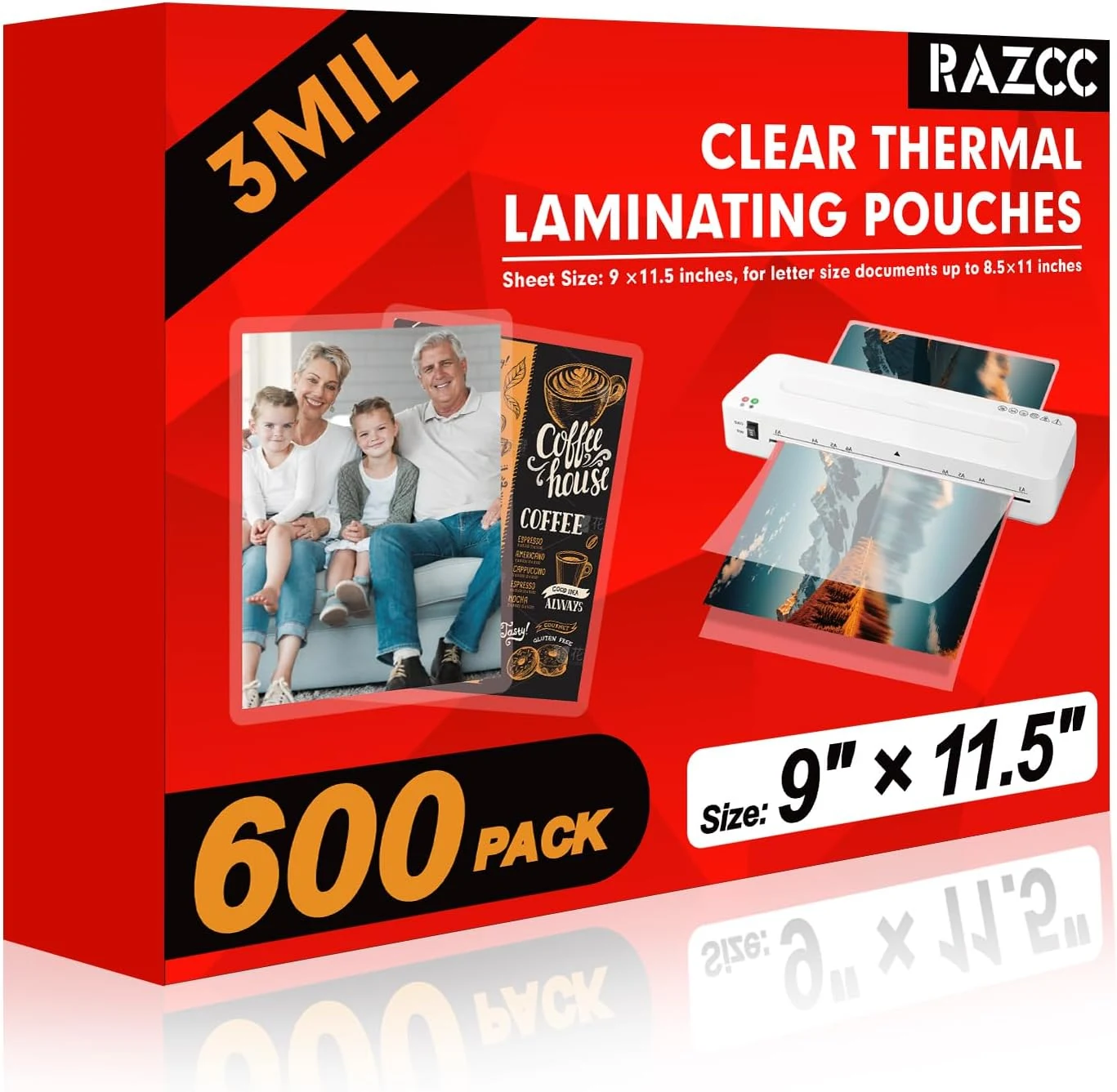 RAZCC Laminating Sheets, 600 Pack Clear Thermal Laminating Plastic Paper Laminator Sheets, 9 x 11.5-Inch, 3mil