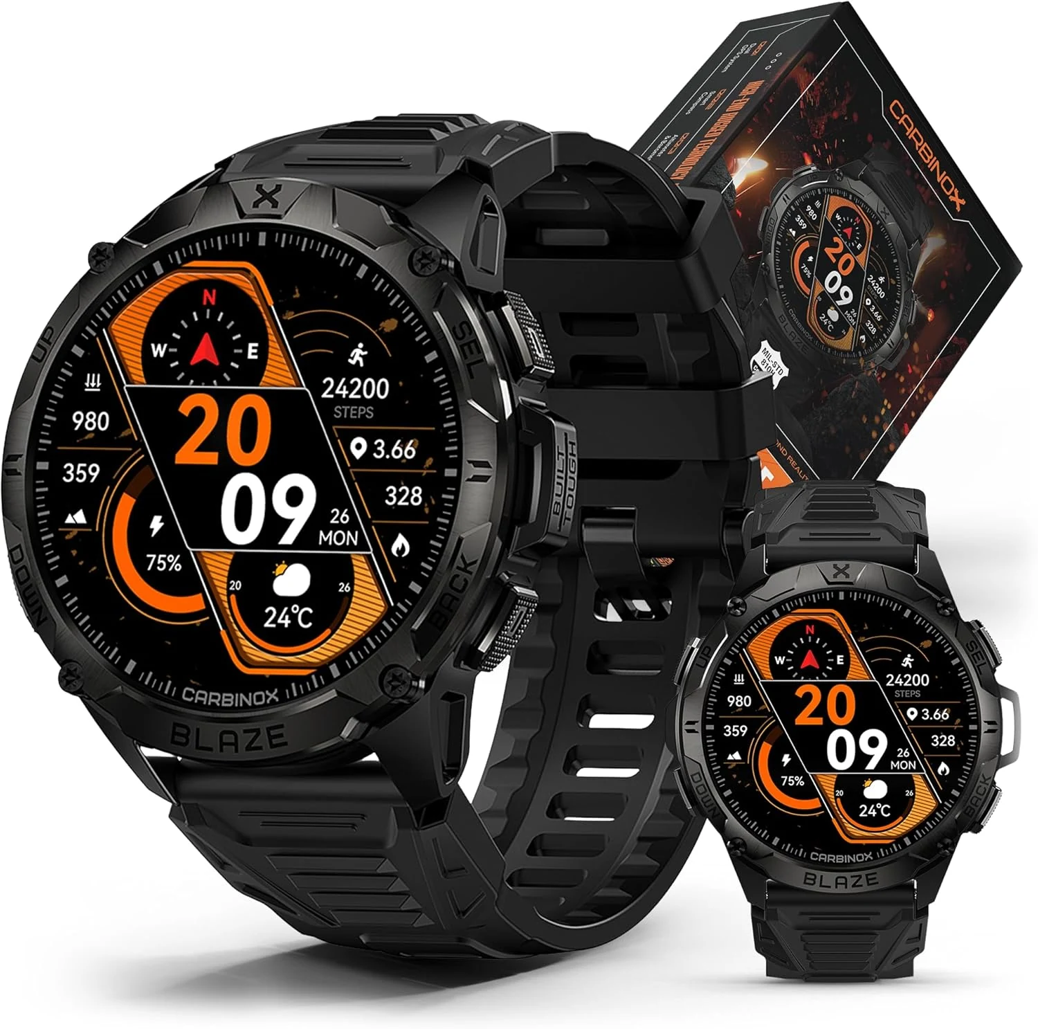 CARBINOX Blaze Smart Watch with GPS – Rugged Fitness Trackers, IP69K Waterproof, 170+ Sports Modes, Gorilla Glass, Make/Receive Calls, Android & iOS Compatible