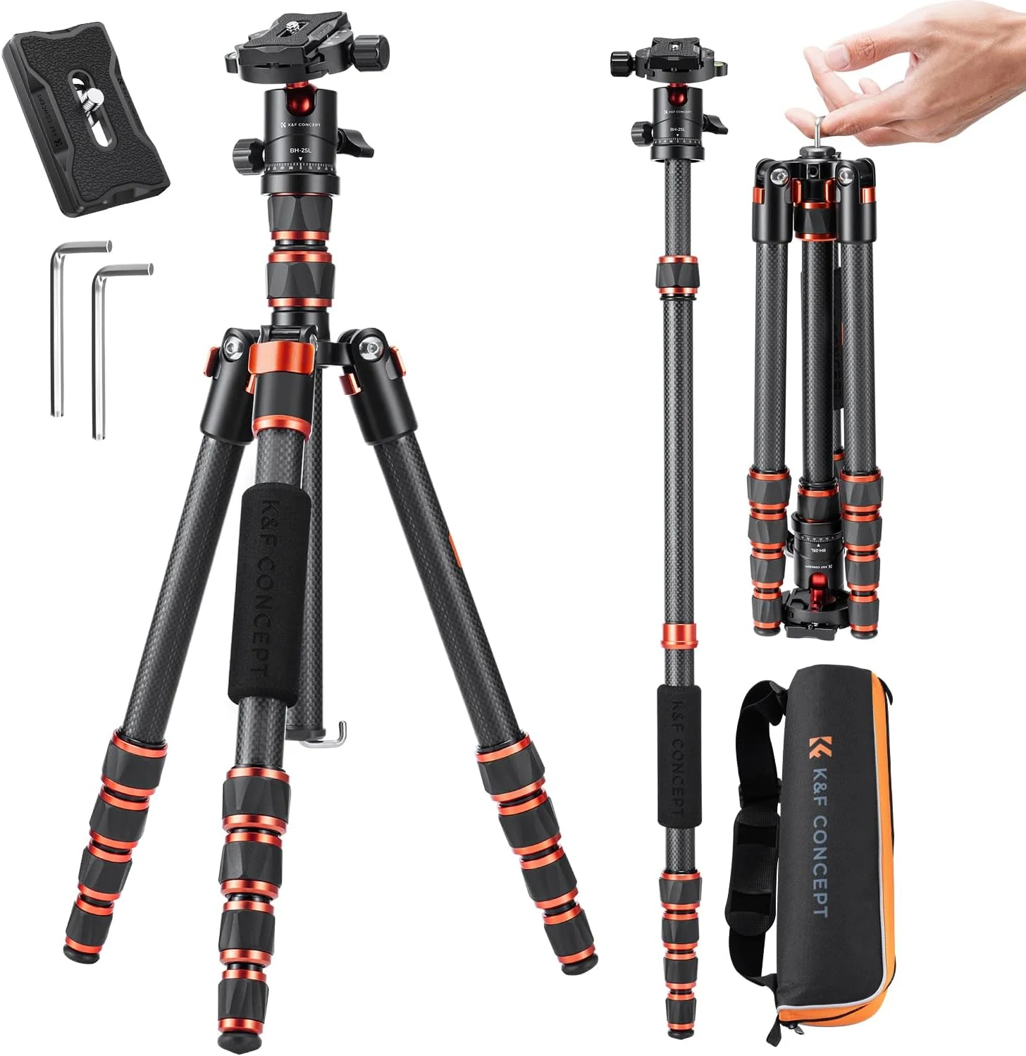 K&F Concept 60 inch Carbon Fiber Camera Tripod, Super Lightweight Compact Travel Tripod with 360 Degree Ball Head, Quick Release Plate, Detachable Monopod (C225C0 / BA225)