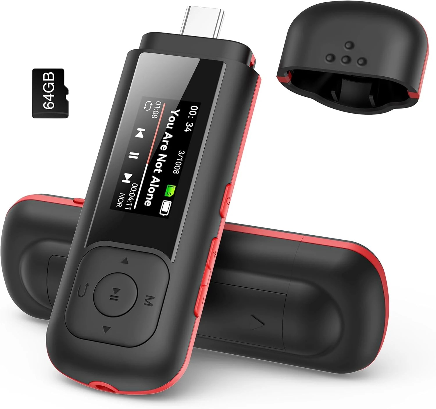 AGPTEK 64GB USB C MP3 Player, A55PL 2 in 1 Type-C & USB Stick Music Player Supports Replaceable AAA Battery, FM Radio, Recording