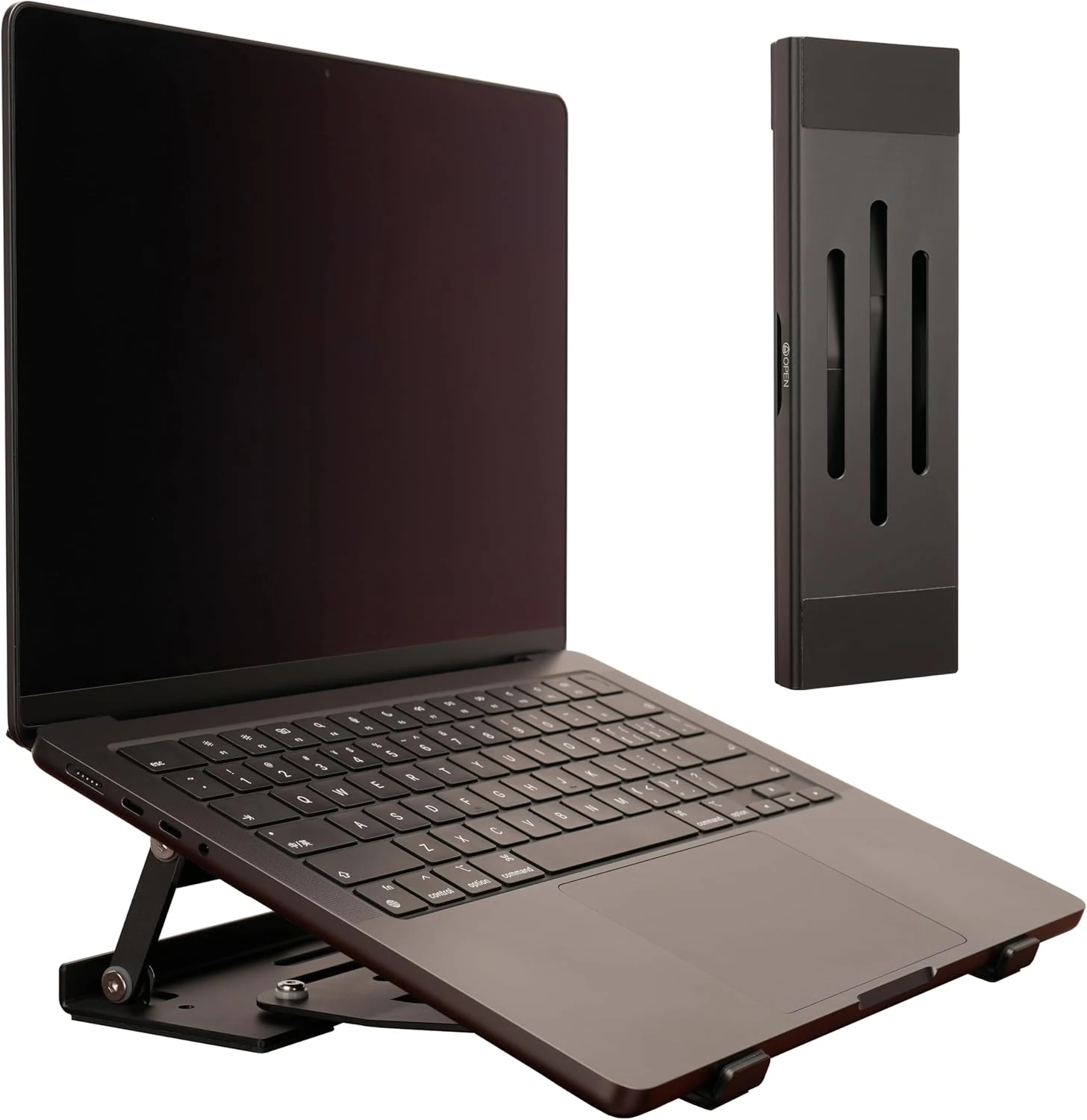Aluminum Fold & Laptop Riser Stand 3-in-1 Adjustable, Foldable Cooling Stand with Integrated Storage Box, Ruler and Ultra-Slim Portable Design for MacBook, Tablet, Ipad, Keyboard and All Laptop