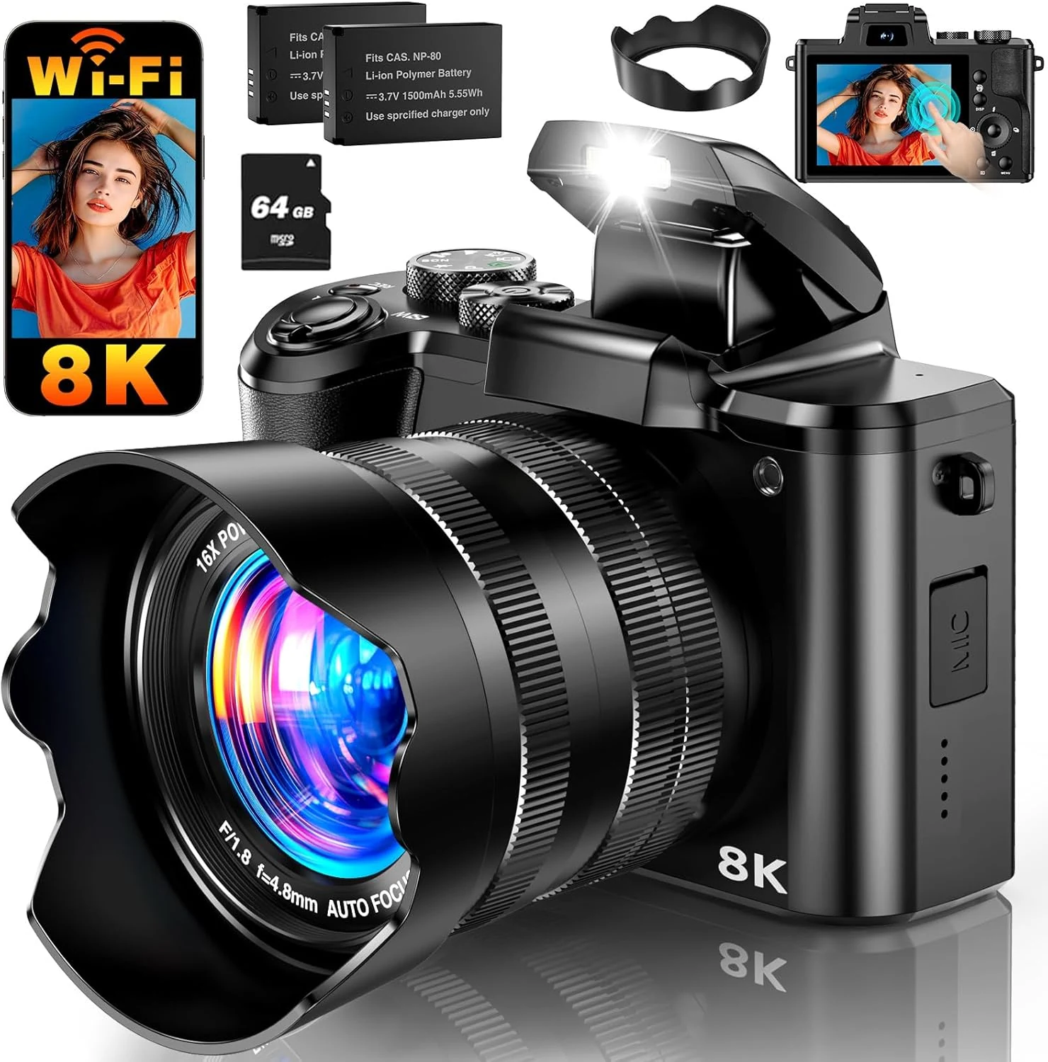 8K Digital Camera, 88MP WiFi Cameras for Photography with 3.2" Touchscreen, 16X Zoom Autofocus Professional Dual Camera, Anti-Shake, 2 Batteries, 64GB Card, Flash, Lens Hood