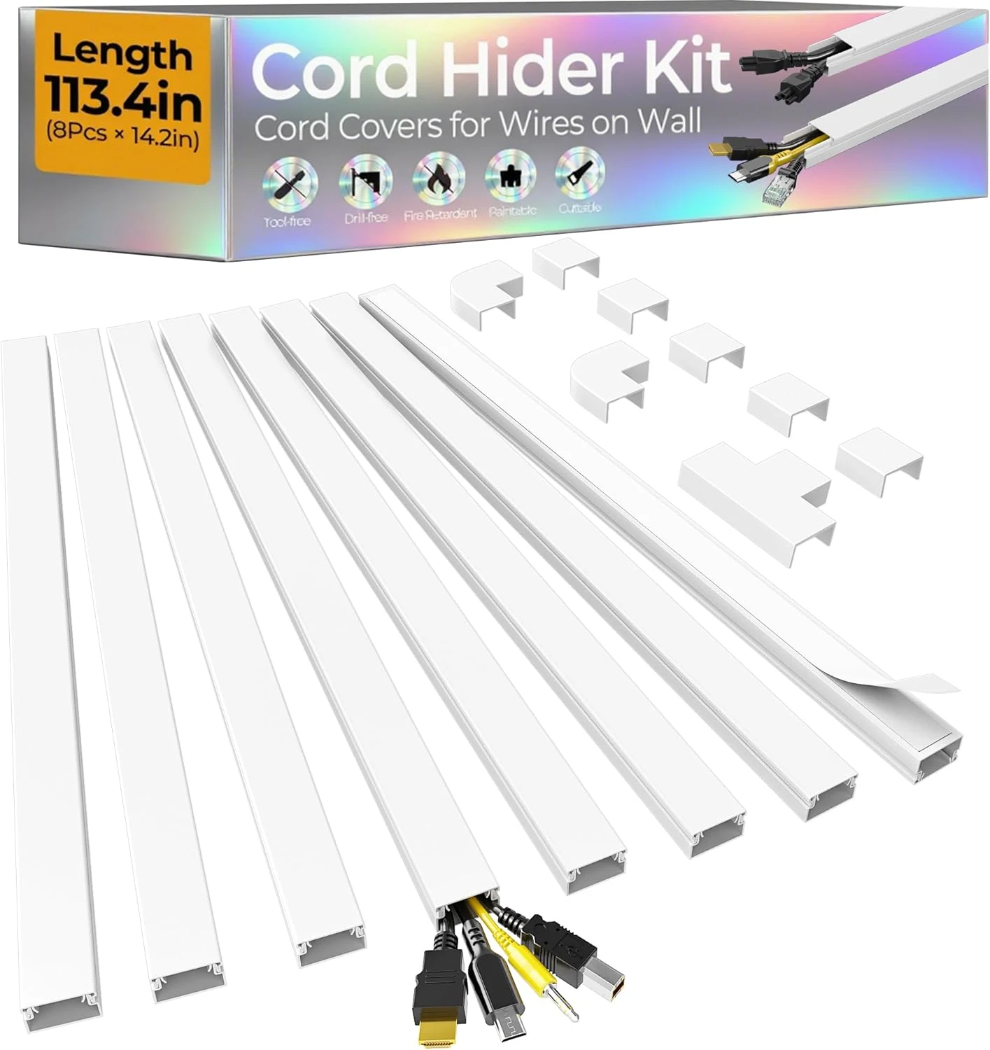 113.4in Cord Hider Kit, Cord Covers for 2-4 Wires on Wall (White)