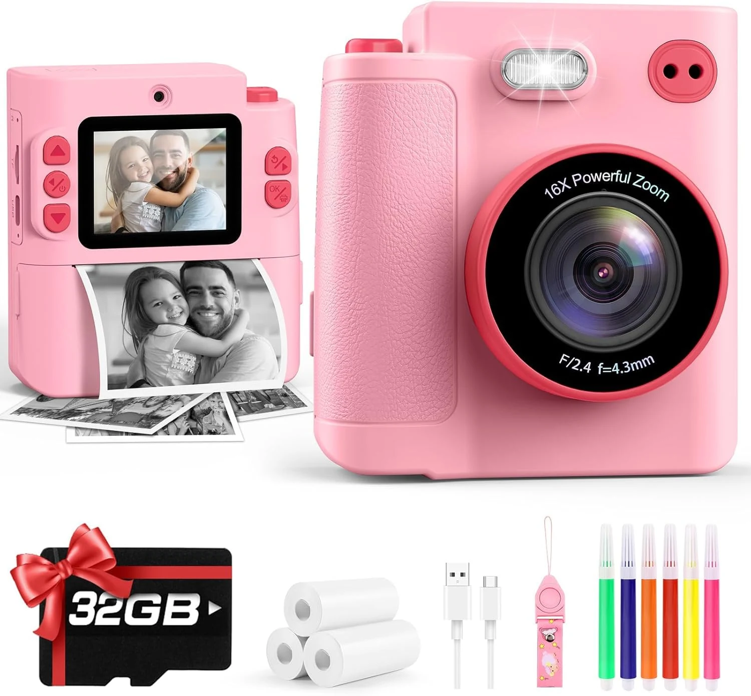 Gift for Girls Kids Camera: Instant Print Dual Lens Digital Camera Toys for Girl 3-12 Birthday Christmas Valentines Gifts for Kid Girls Boys Ages 3 4 5 6 7 8 9 10 with 32G SD Card Storage Bag Pink