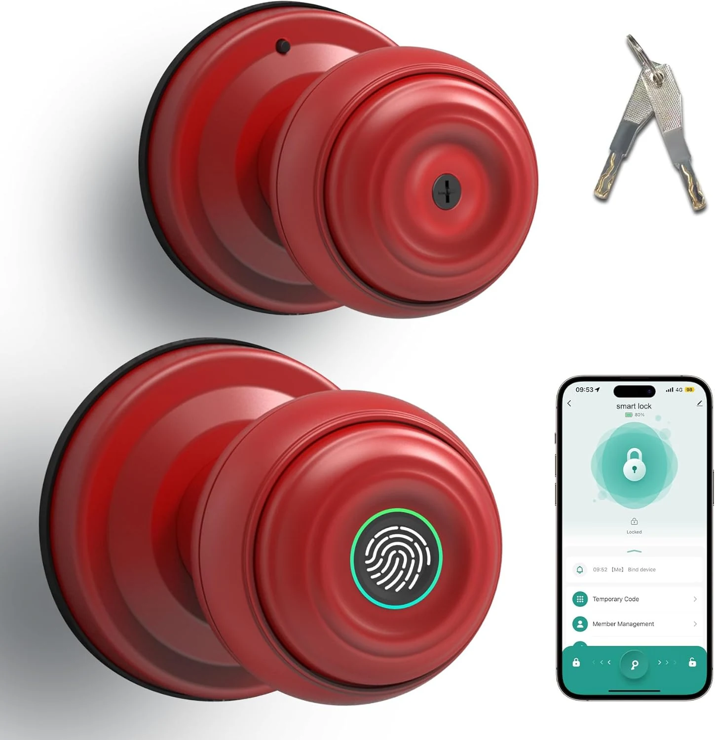 Smart Fingerprint Door Lock with Tuya App Control, Keyless Entry Lock with Backup Key, Auto-Lock, Easy Install for Home, Apartment, Office Red