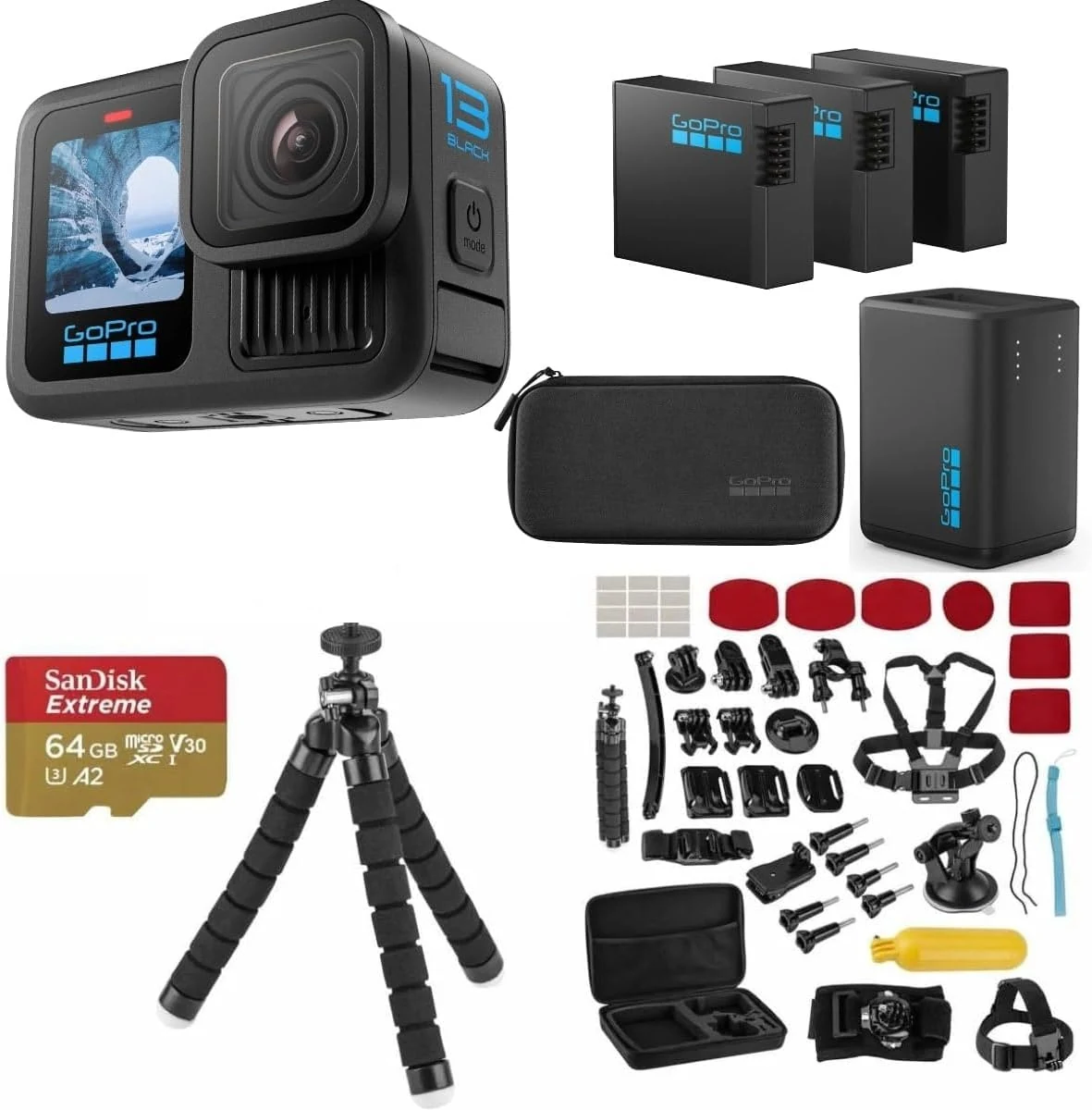 GoPro HERO13 Black Action Camera with 3 Enduro Batteries, Dual Charger, 64GB SD, 5.3K HDR Video, 27MP Photos, HyperSmooth Stabilization, Waterproof Design, 47-Piece Accessory Kit, 1-Year Warranty