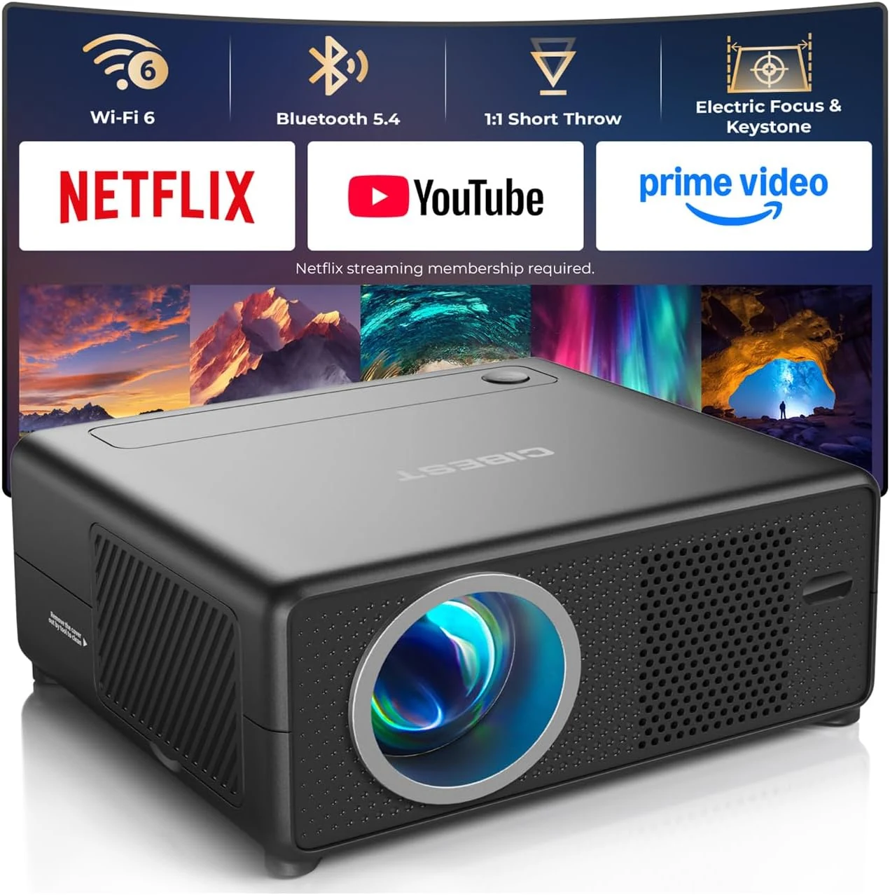 CiBest Mini Projector with WiFi and Bluetooth, Compatible with Netflix/YouTube/PrimeVideo