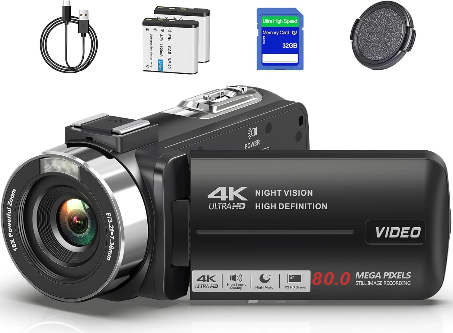 Camcorder Video Camera 4K UHD 80MP IR Night Vision Vlogging Camera for YouTube 18X Digital Zoom Camcorder Autofocus 3.0" 270° Rotation IPS Screen Video Recorder with 32G SD Card, Lens Cap, 2 Batteries