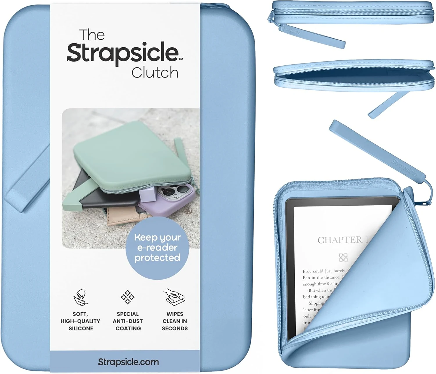 Strapsicle Silicone Clutch for Kindle & E-Readers – Multi-Purpose Bag for Phone, Wallet & Keys – Fits 6.8″–7″ Paperwhite 2024, 6″ Kindles, Kobos, Nook – Anti-Dust Coating - Bondi Blue