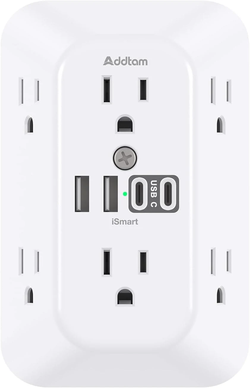 Addtam Surge Protector Outlet Extender, 6-Outlet Splitter with 4 USB Wall Charger (2 USB-C Ports)