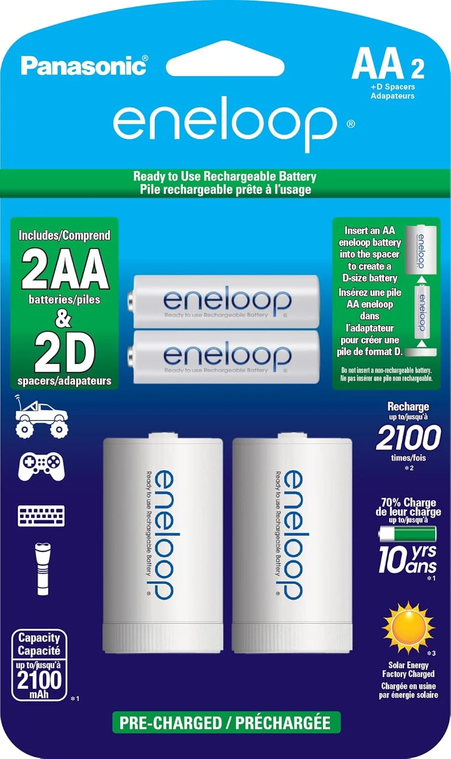 Eneloop Panasonic K-KJS1MCA2BA D Size Battery Adapters AA 2100 Cycle Ni-MH Pre-Charged Rechargeable Batteries (2 D adapters, 2 AA batteries)