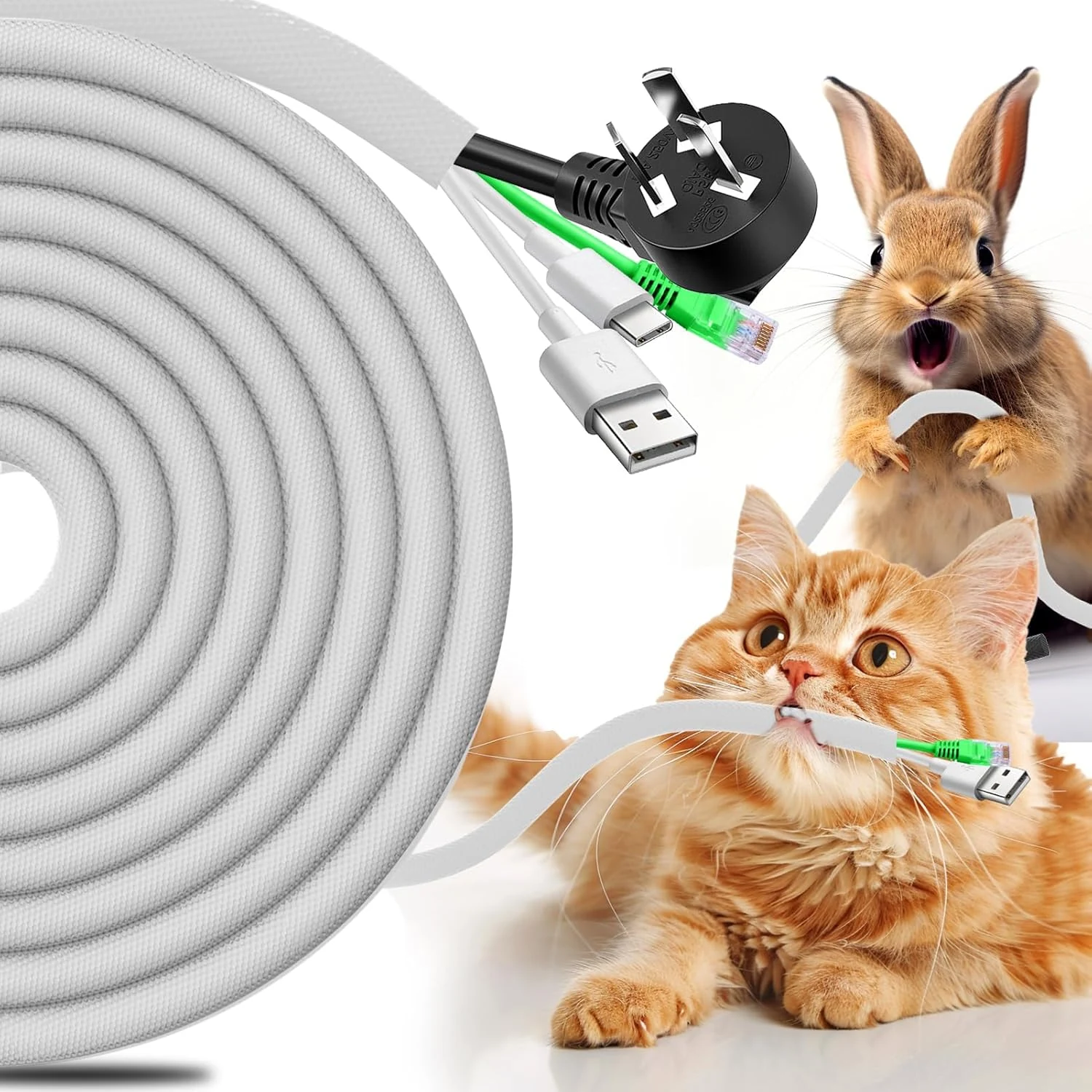 AIERSA Cord Protectors from Pets No Chew,13FT 1/2" Wire Protector for Cats,Rabbits,Dogs,White Durable Braided Cord Cover,Cable Sleeves for Cord Management and Pet Protection