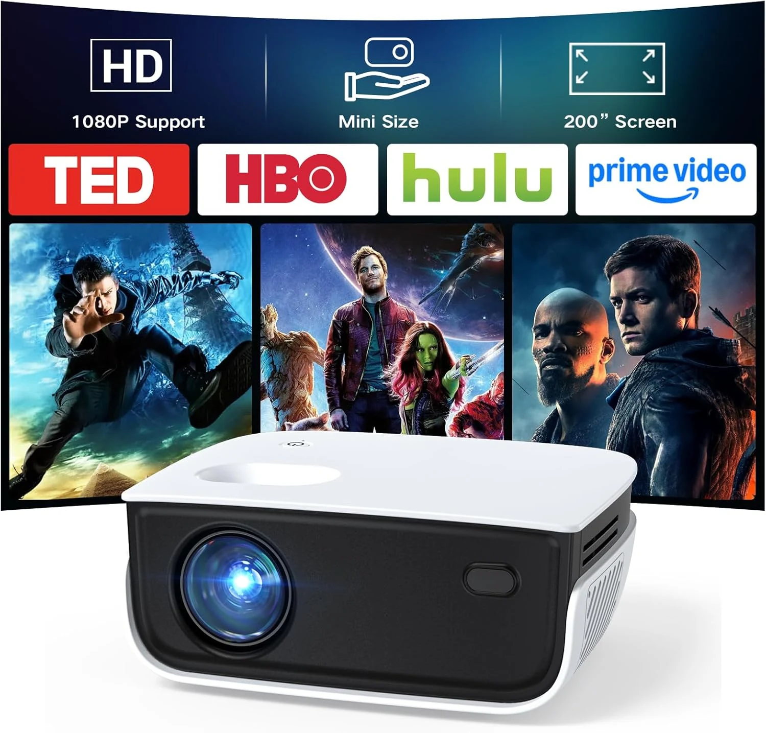 NICPOW mini projector (RD850) for outdoor movies, HDMI, USB, and 200-inch projection