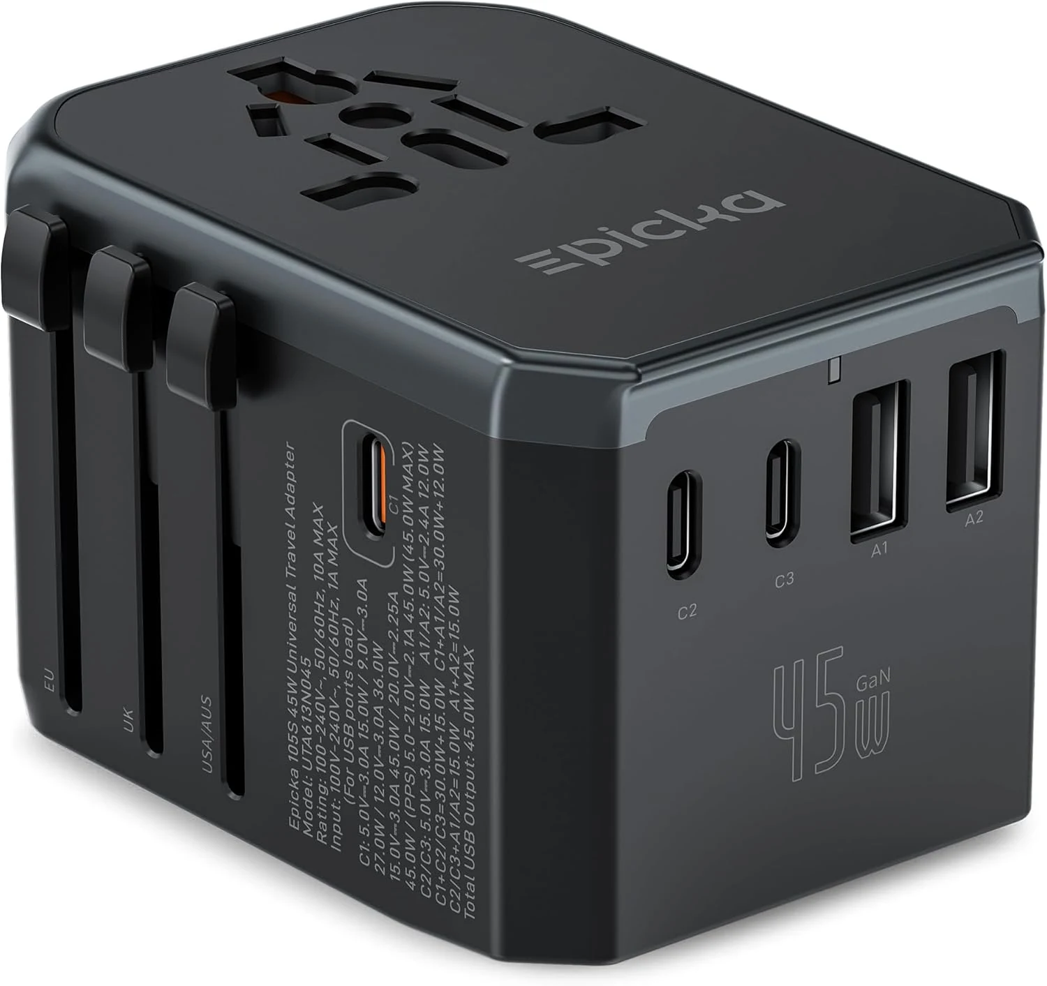 EPICKA Universal Travel Adapter GaN 45W, European Travel Plug Adapter with PD&QC Fast Charging(2 USB-A & 3 USB-C Ports) - Worldwide Travel Essentials, International Power Adapter for UK/US/AU (Black)
