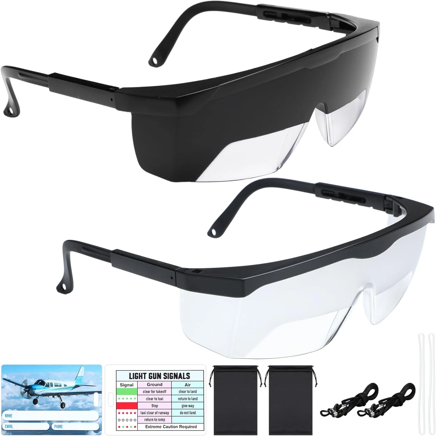 2 Set Aviation Flight Training Glasses Adjustable View Limiting Goggles (Clear, Black)