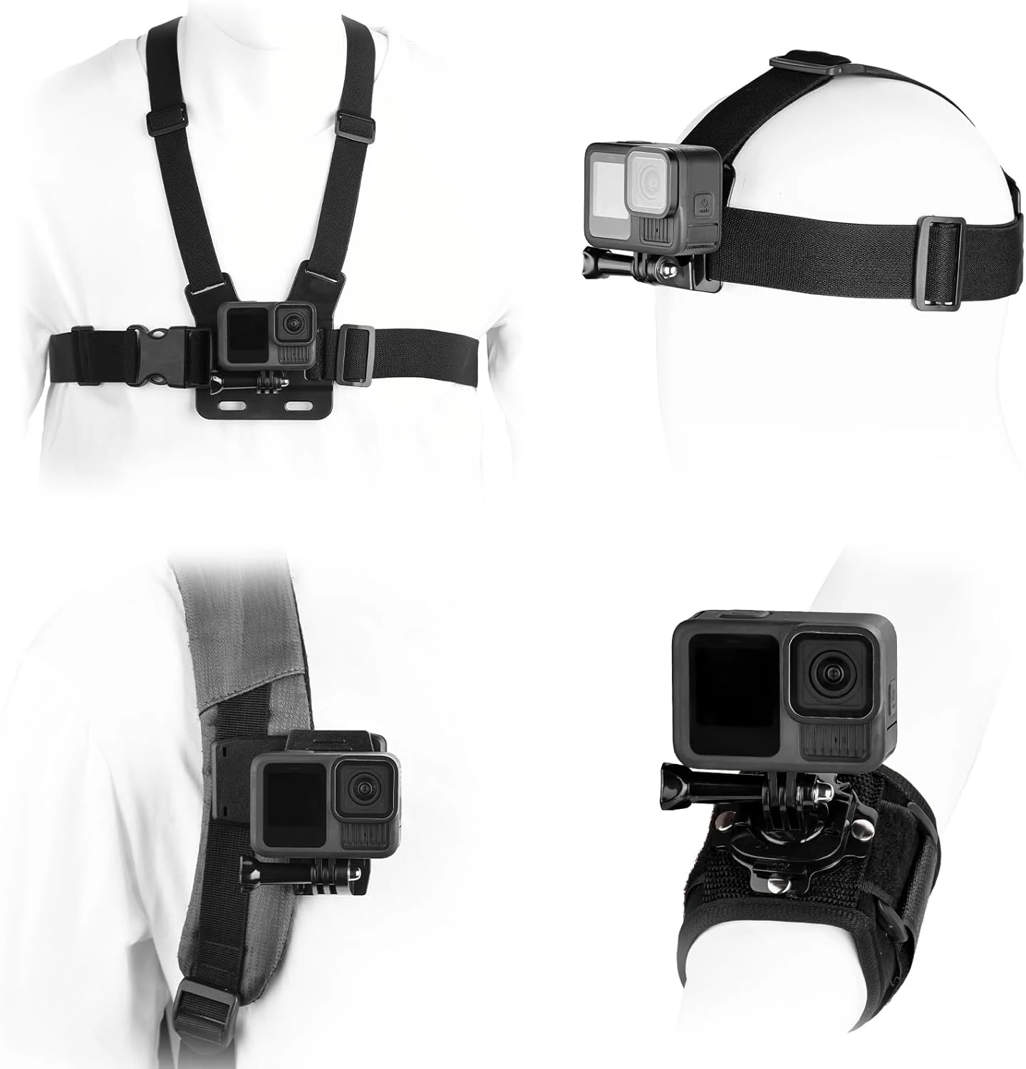 BRDRC Accessories Kit for GoPro, Head Chest Mount Strap Harness Backpack Clip Holder Wrist Strap, 360°Rotating Adapter + Quick Release