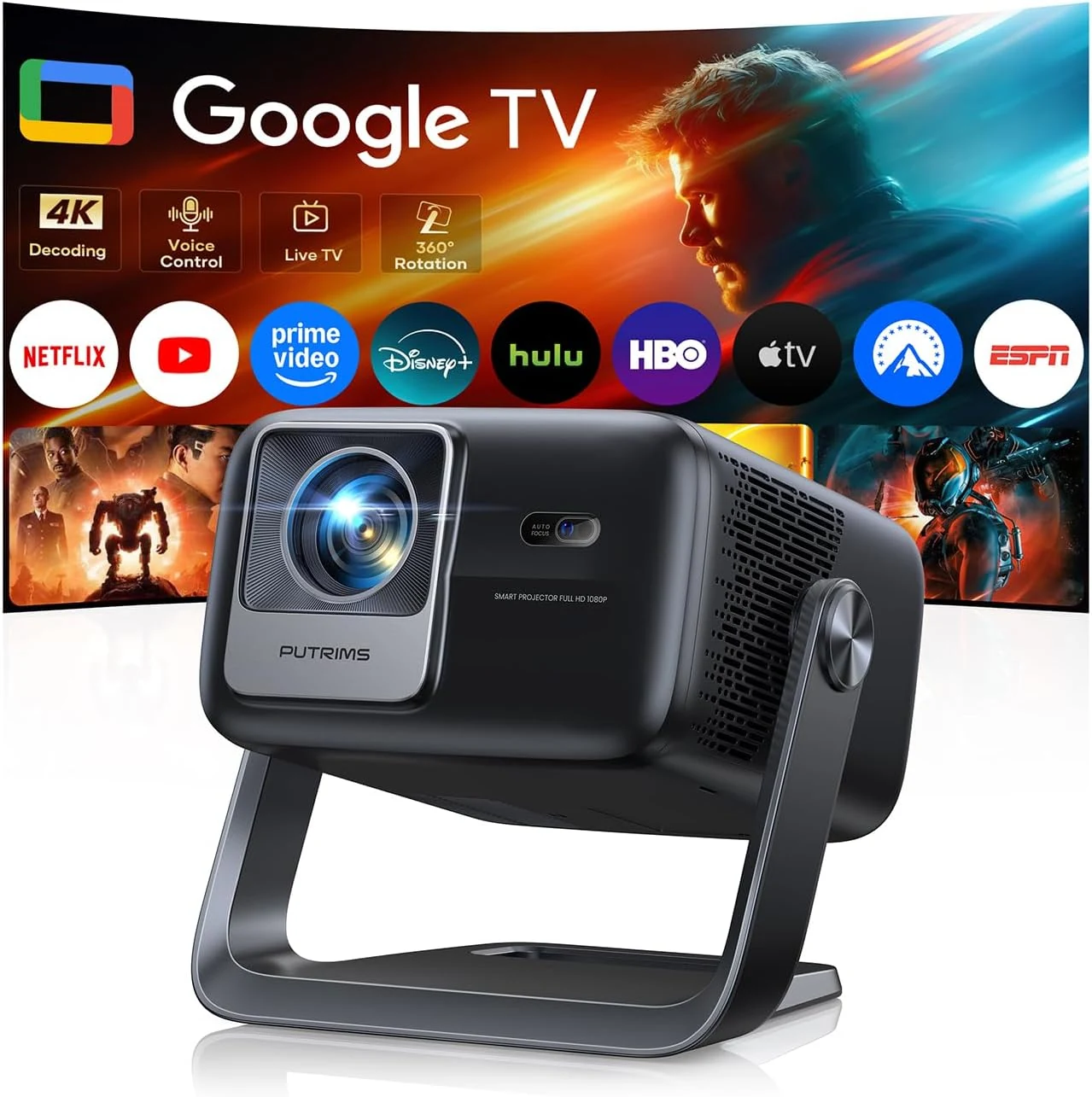Smart 4K Projector [Google TV Stick Built-in & 360° Stand] with WiFi 6, Bluetooth 5.3, HDR10, 30W Hi-Fi, AI Auto Focus, Outdoor Portable Short Throw Movie Projector for Home Theater Bedroom Ceiling