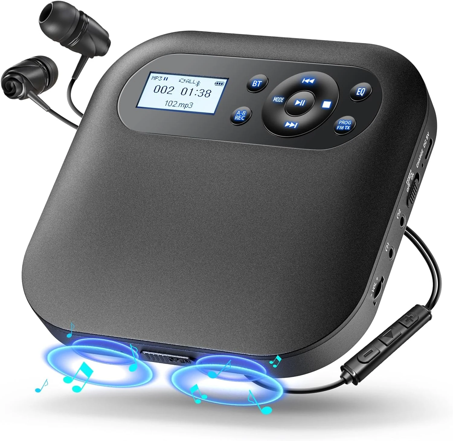Desobry Portable CD Player with Bluetooth, Discman Player with Dual Speakers, FM Transmitter, Rechargeable Battery, AUX and Headphones, Anti‑Skip for Car, LCD Backlight for Home Upgraded