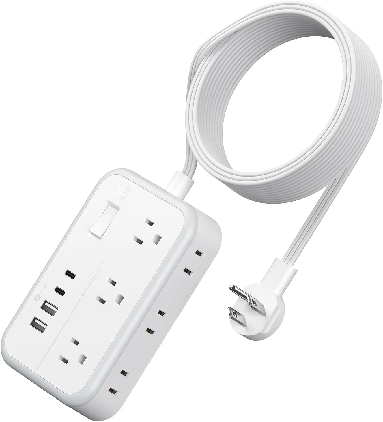 NTONPOWER Extension Cord 15 ft, Power Strip with 6 Outlets + 4 USB (Flat Plug)