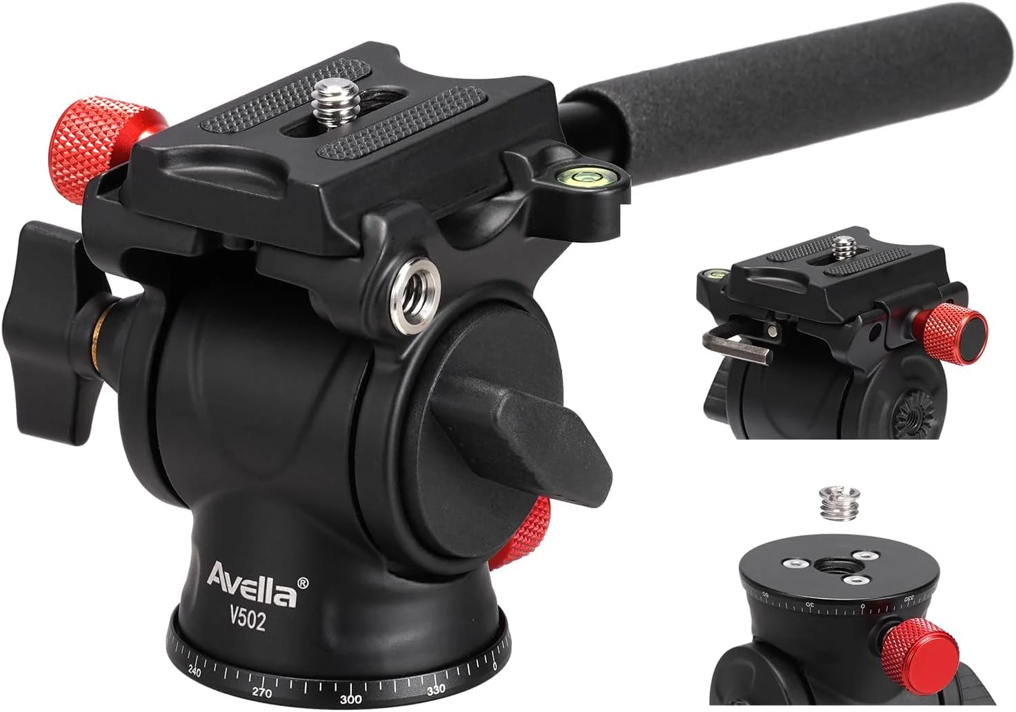 Avella Tripod Fluid Head Pan Tilt Head with Arca Type Quick Release Plate and Handle (V502)
