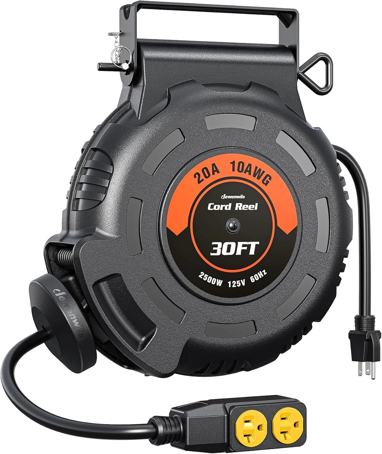 DEWENWILS 20Amp Retractable Extension Cord Reel, 30FT 2500W Heavy Duty Power Cord Reel, 10AWG/3C SJTW Industrial Cable, 4 Grounded Outlets, 180° Swivel Bracket for Garage Workshop Construction Site